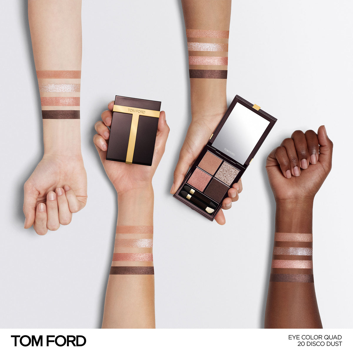 Close-up of three women with diverse skin tones, each wearing shimmering eyeshadow from a Tom Ford Eye Color Quad to define and sculpt their features.