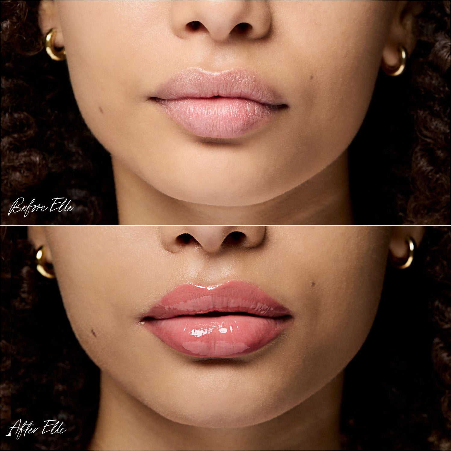 Before and after results of using RMS Beauty Legendary Lip Oil variant: Elle