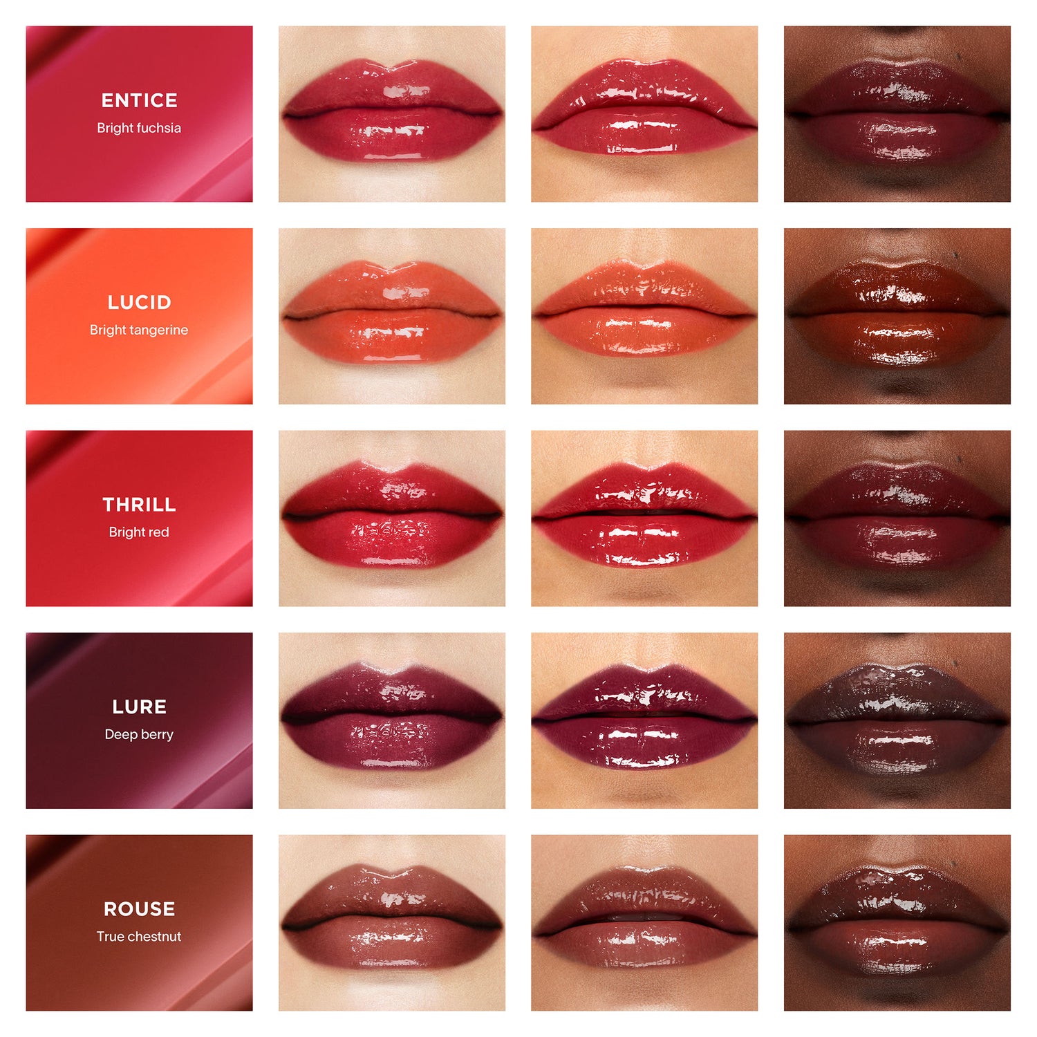 A shade comparison of Hourglass Phantom Volumizing Glossy Balm variant: Entice
