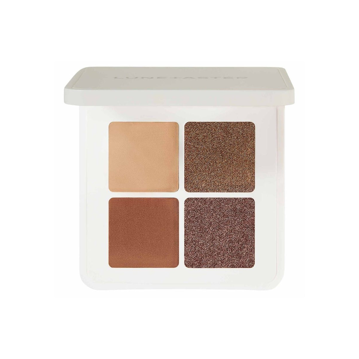 A square white Lune+Aster Eyeshadow Quad containing two matte and two shimmering shades in brown and neutral tones.