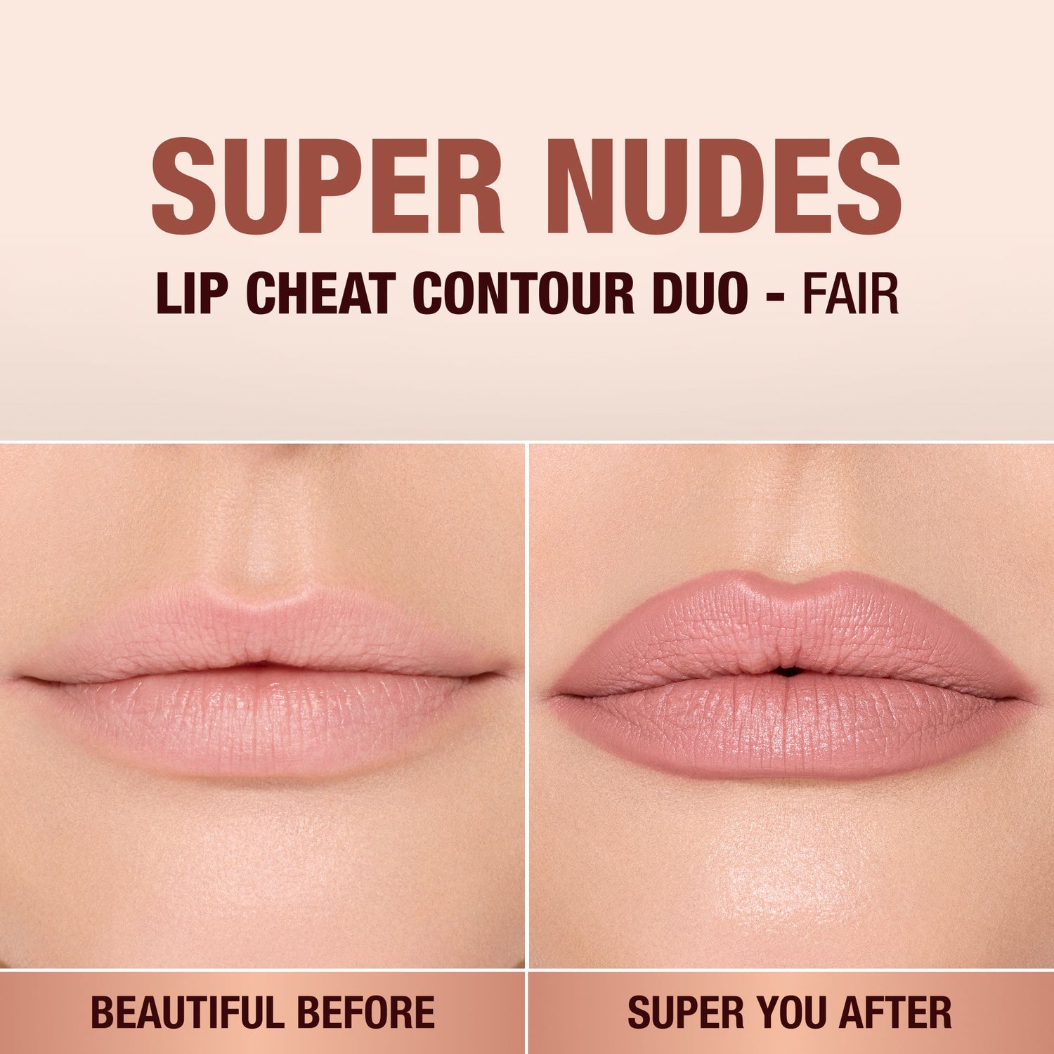 Before and after results of using Charlotte Tilbury Super Nudes Lip Cheat Contour Duo Lip Liner variant: Fair