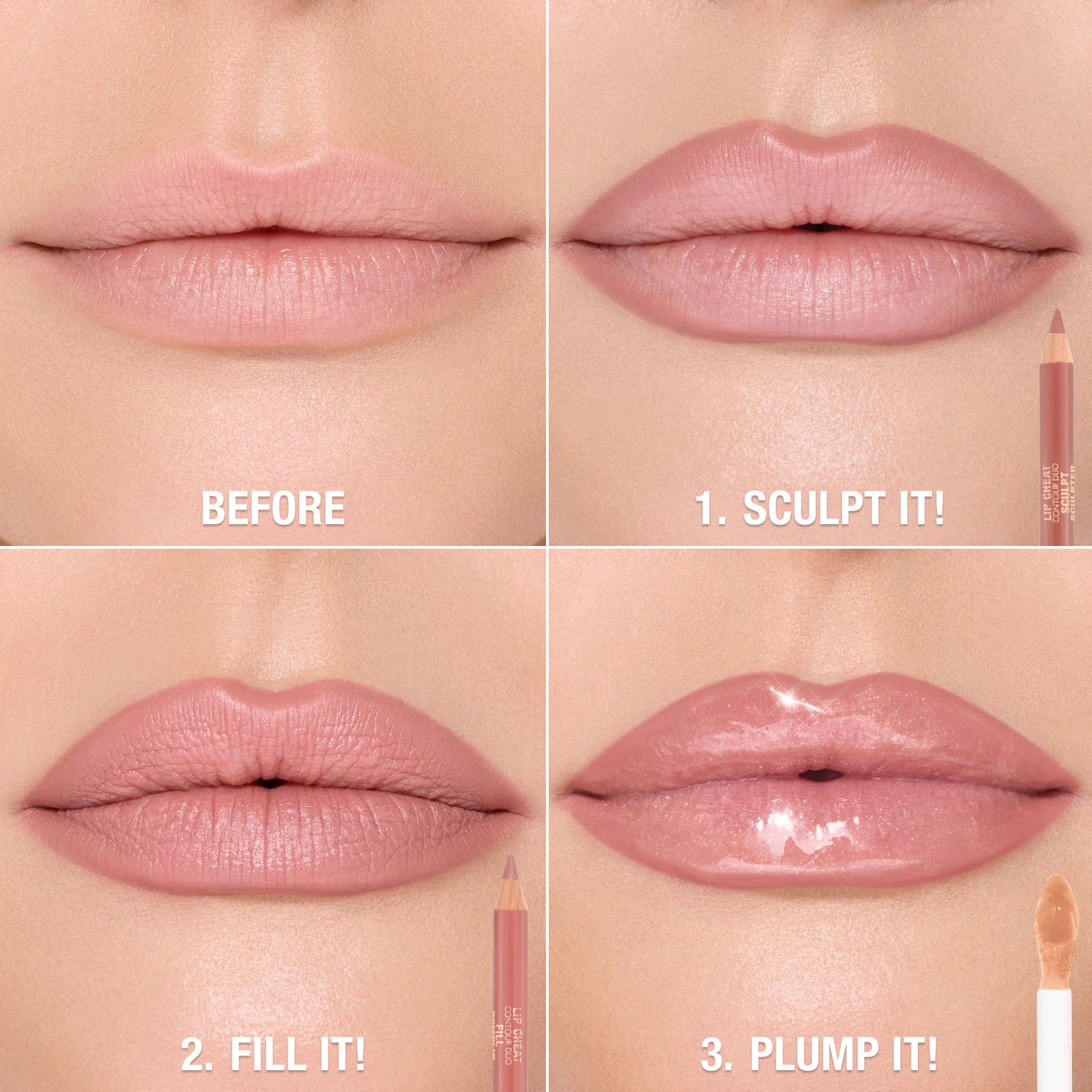 Before and after results of using Charlotte Tilbury Super Nudes Lip Cheat Contour Duo Lip Liner variant: Fair