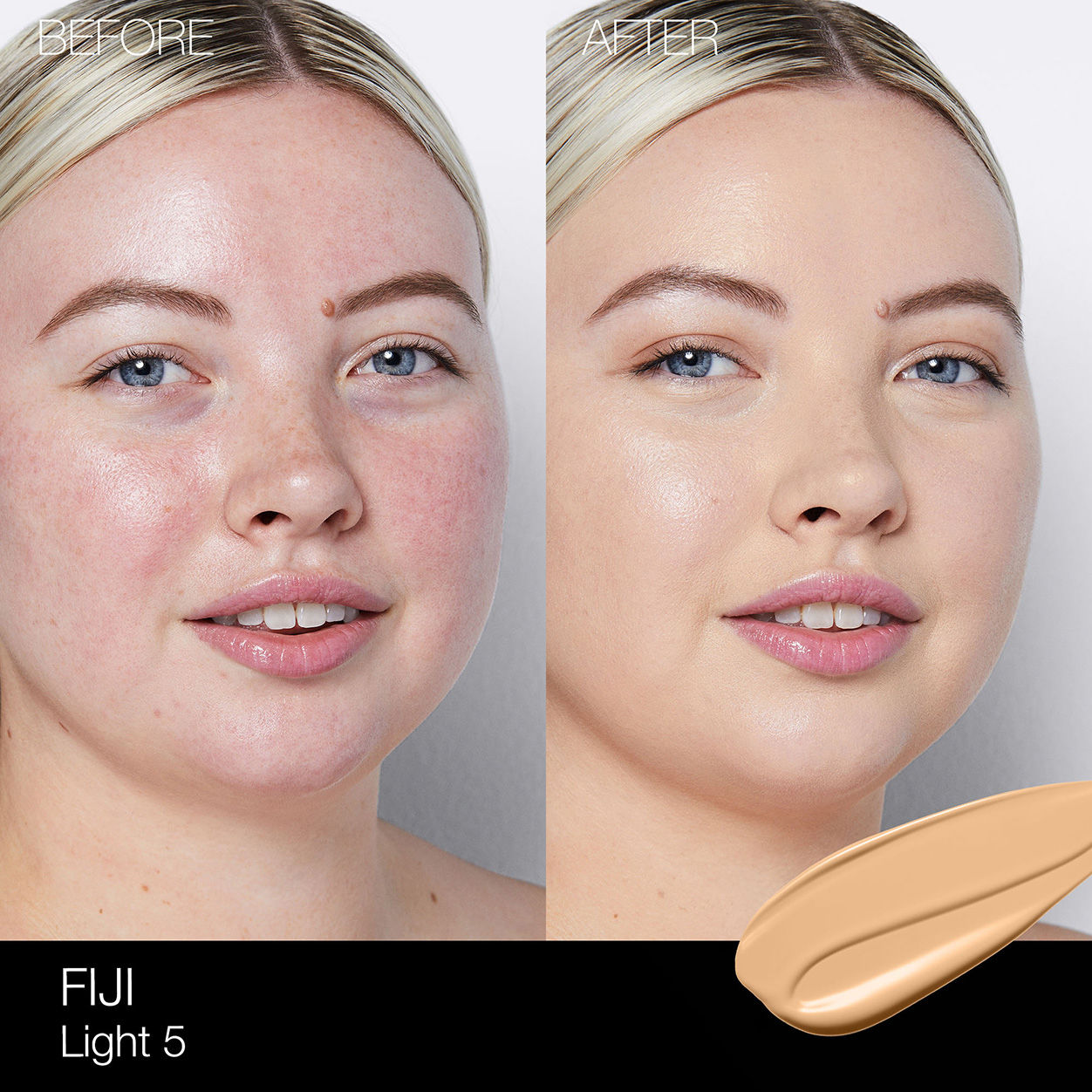 Before and after results of using Nars Light Reflecting Foundation variant: Fiji L5