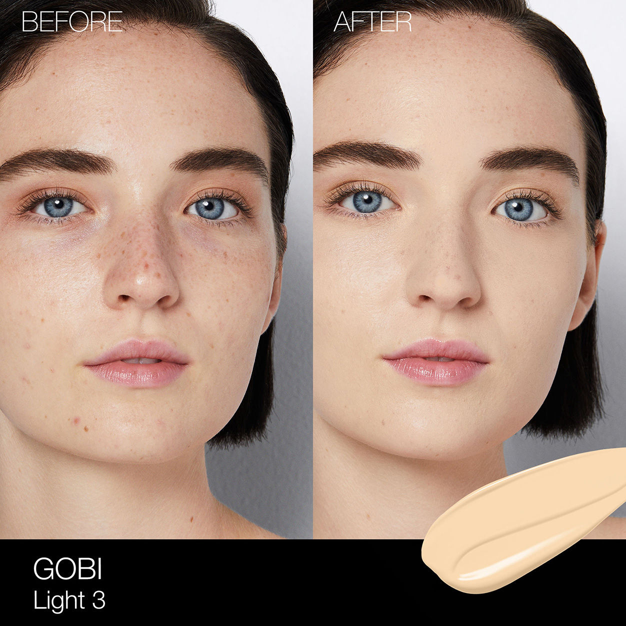 Before and after results of using Nars Light Reflecting Foundation variant: Gobi L3