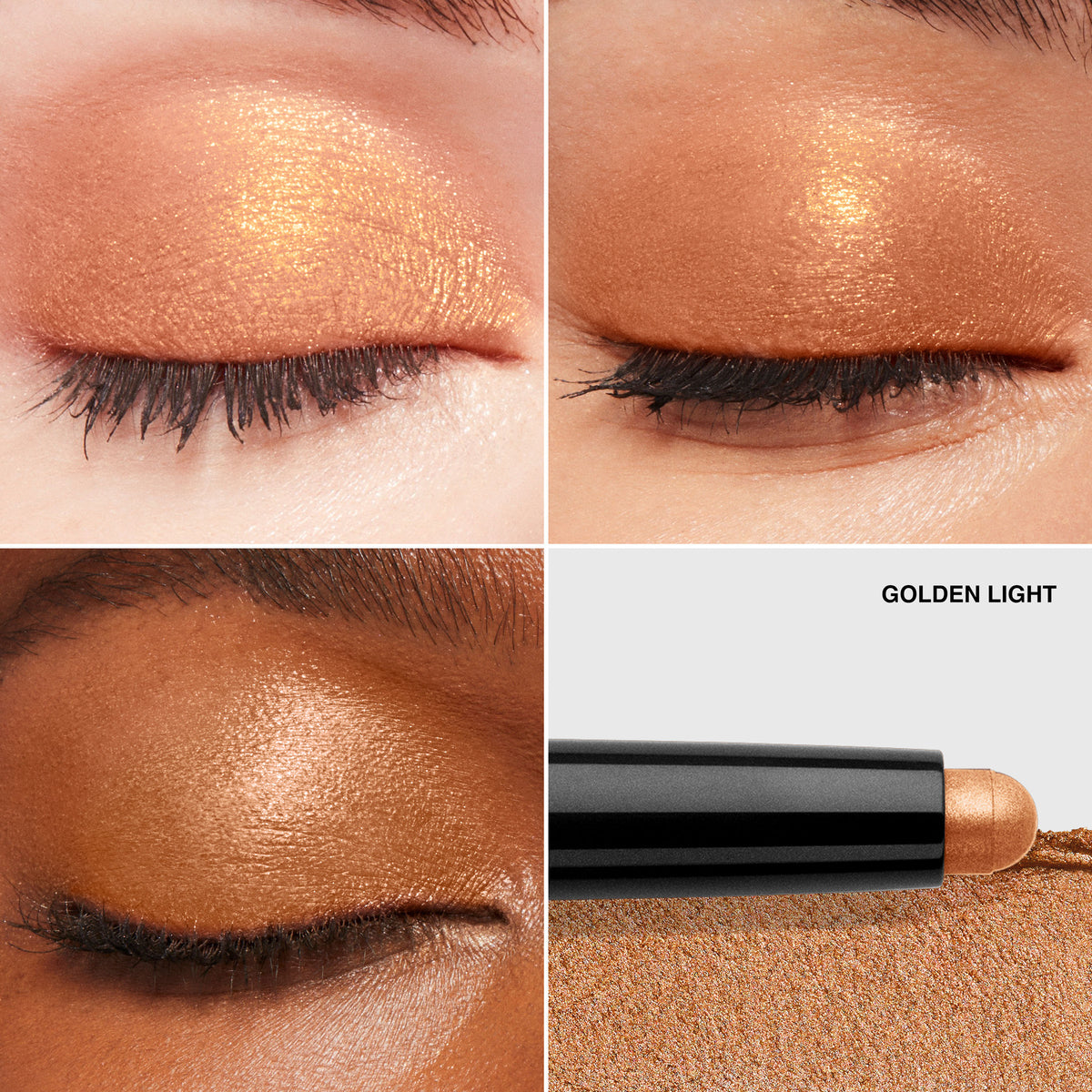 Three close-up views of closed eyelids with shimmering gold eyeshadow, and a Bobbi Brown Long-Wear Waterproof Cream Eyeshadow Stick in the shade GOLDEN LIGHT.