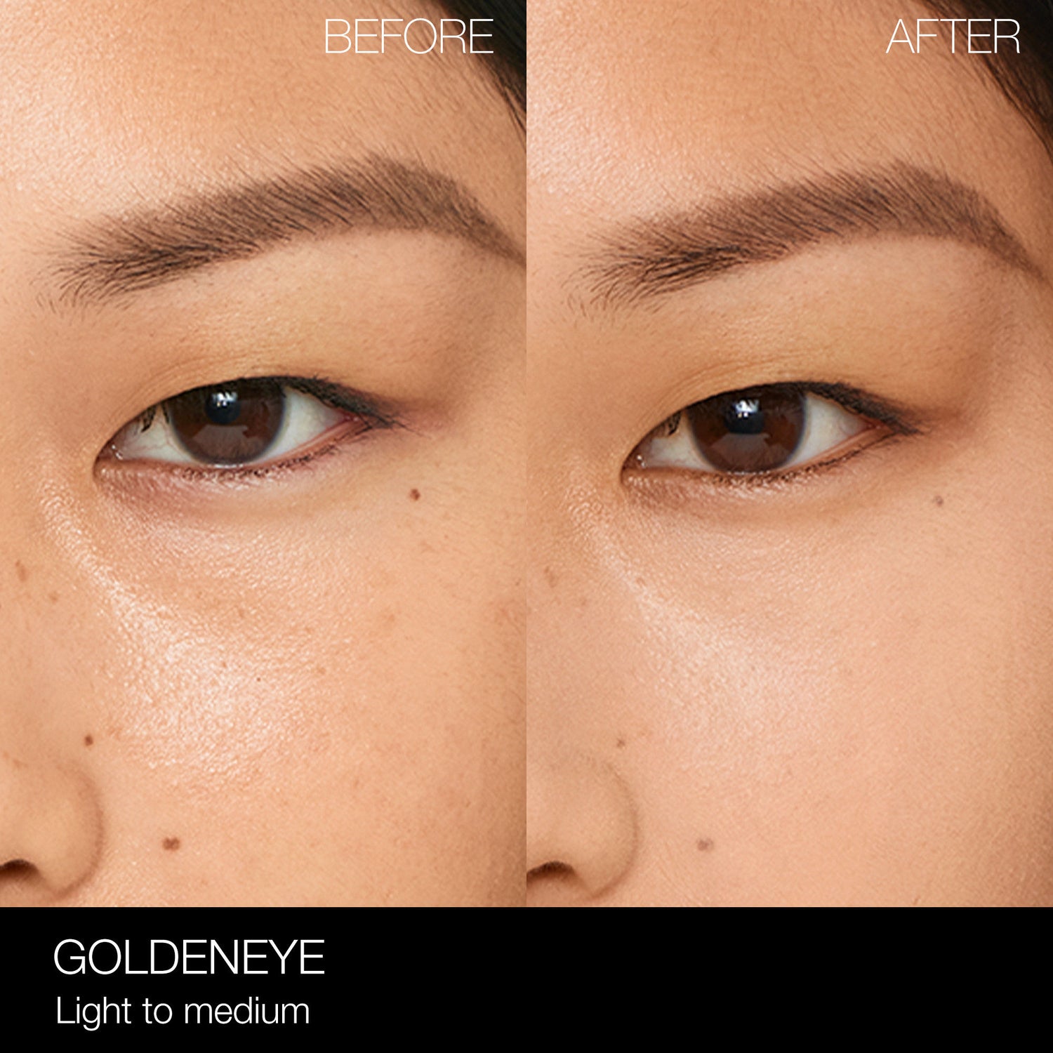 Before and after results of using Nars Light Reflecting Eye Brightener variant: Goldeneye