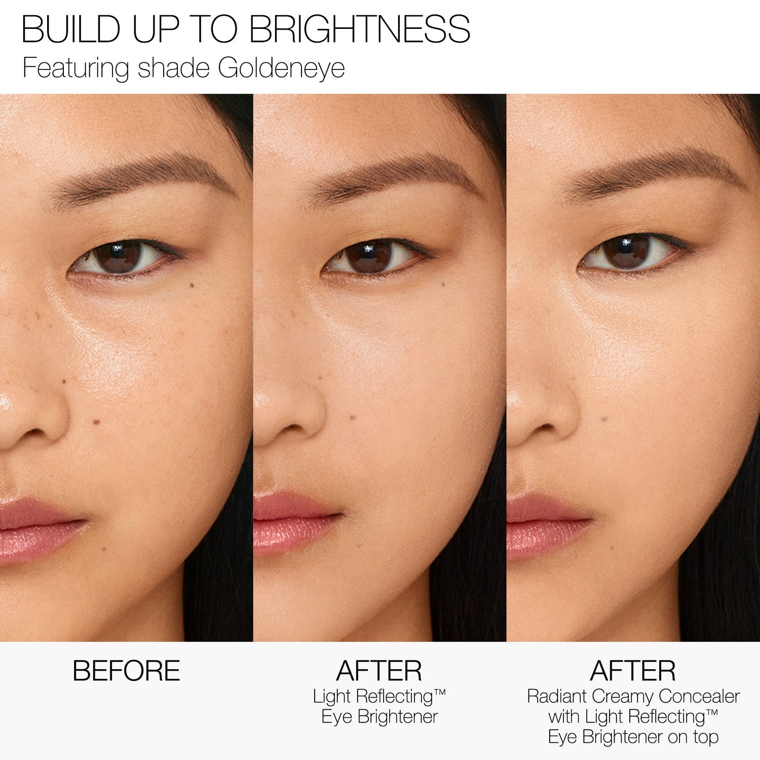Before and after results of using Nars Light Reflecting Eye Brightener variant: Goldeneye