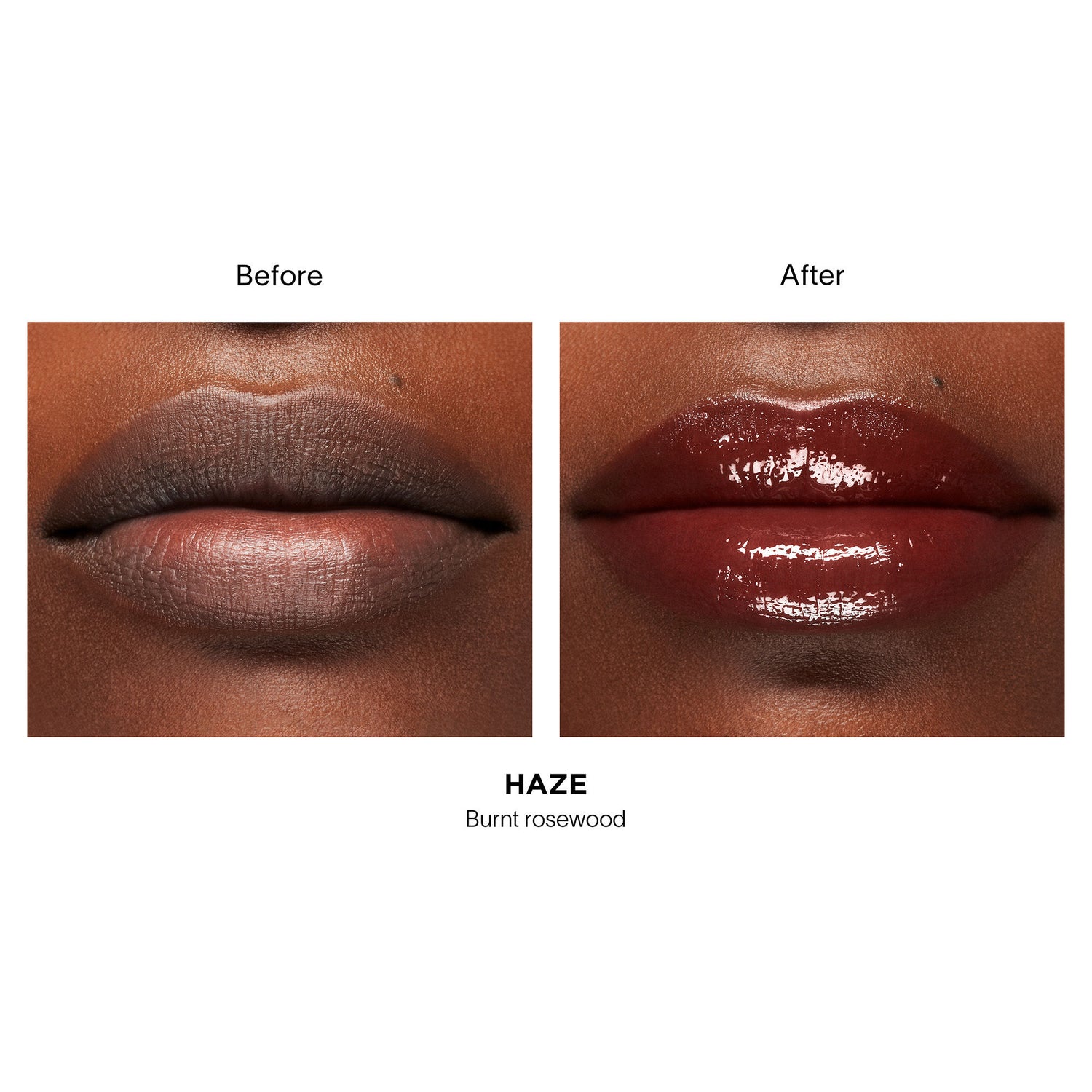 Before and after results of using Hourglass Phantom Volumizing Glossy Balm variant: Haze