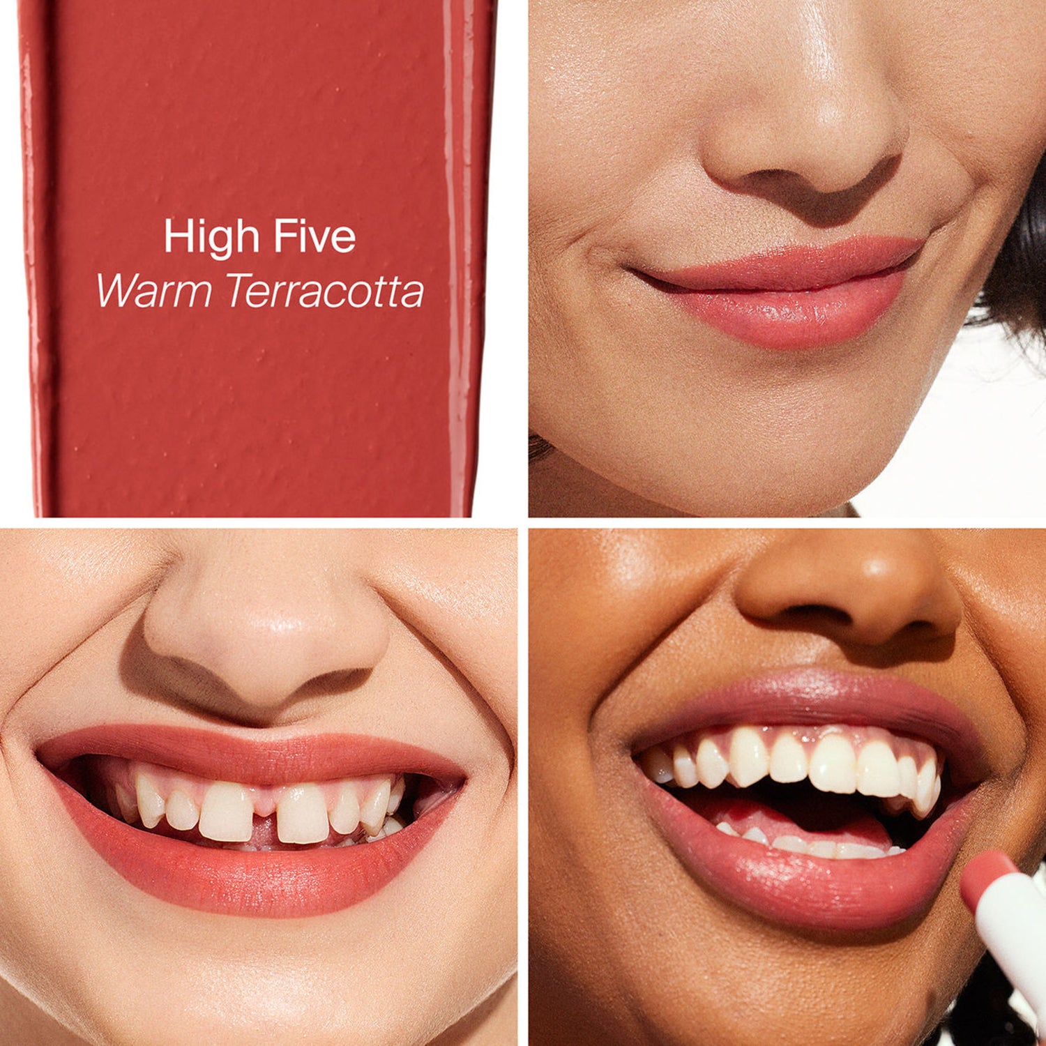 A shade comparison of Supergoop! Lipshade 100% Mineral Lip Color SPF 30 variant: High Five (Warm Terracotta)