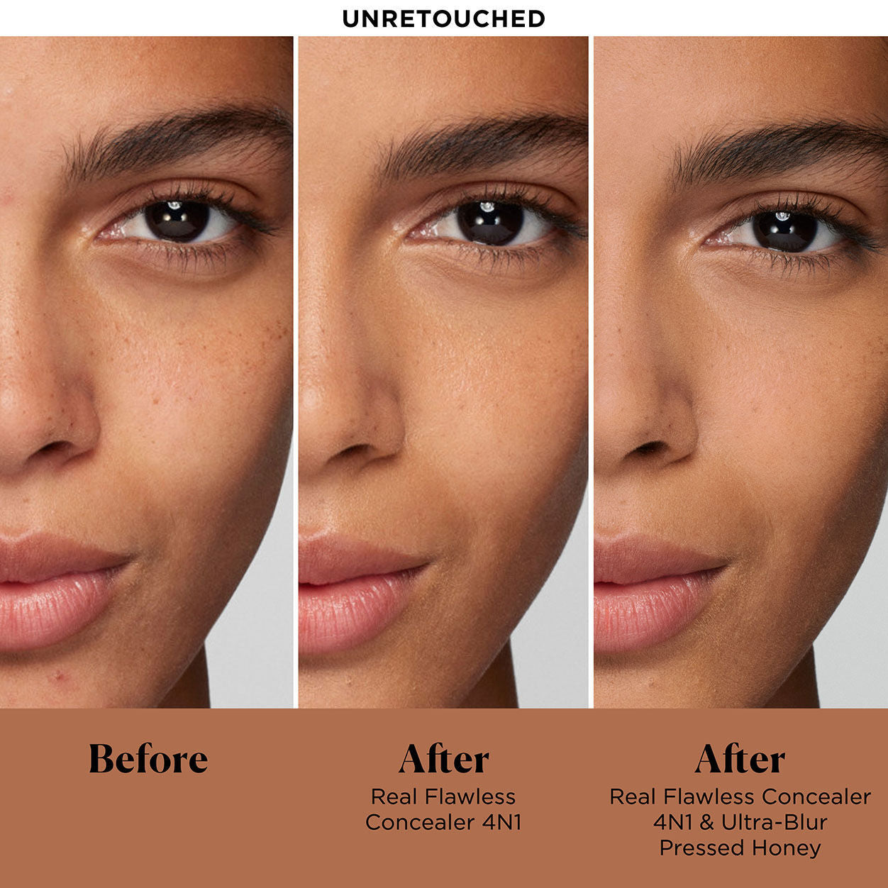 Before and after results of using Laura Mercier Ultra-Blur Pressed Powder variant: Honey