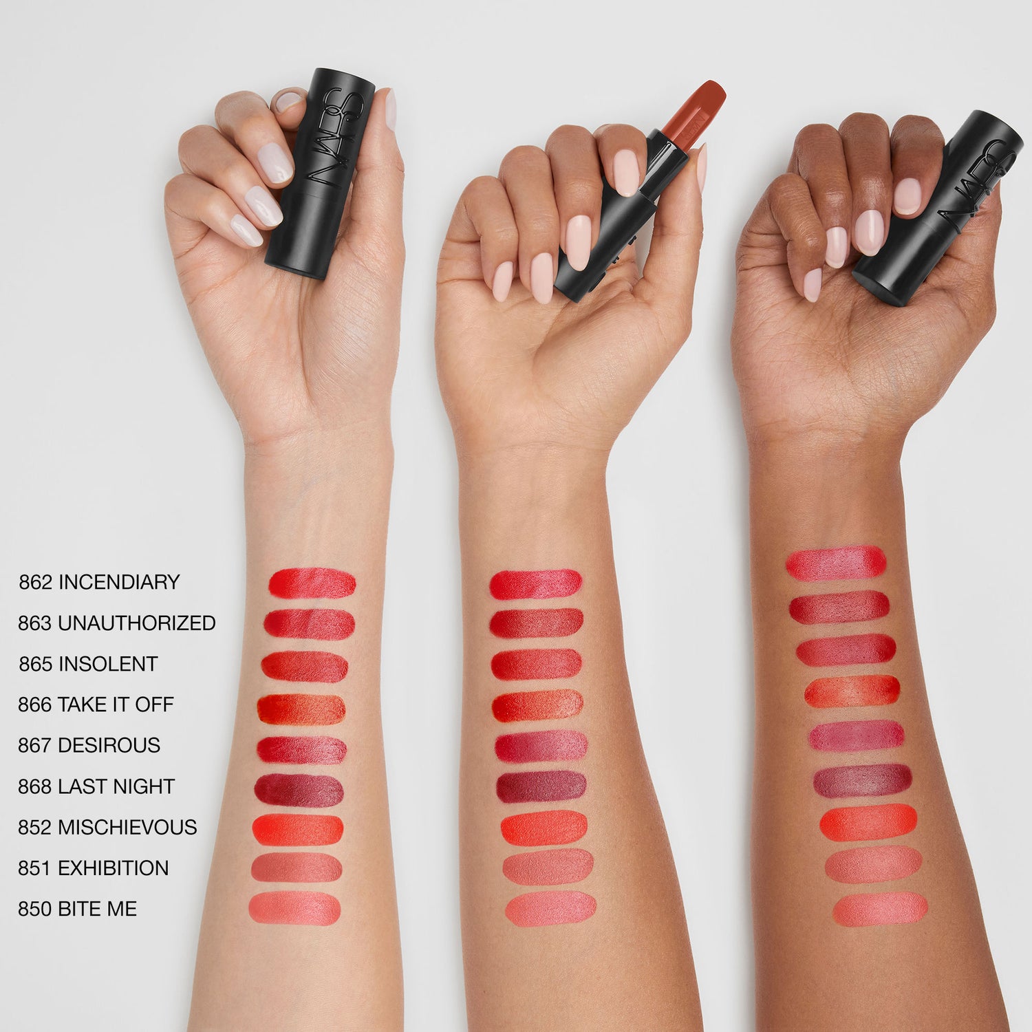An arm swatch of Nars Explicit Lipstick variant: Incendiary 862 (vivid orange red)