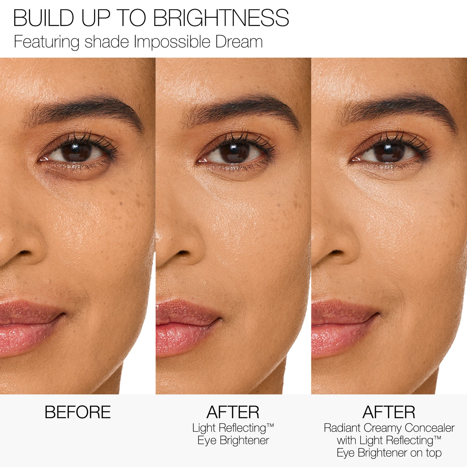 Before and after results of using Nars Light Reflecting Eye Brightener variant: Impossible Dream