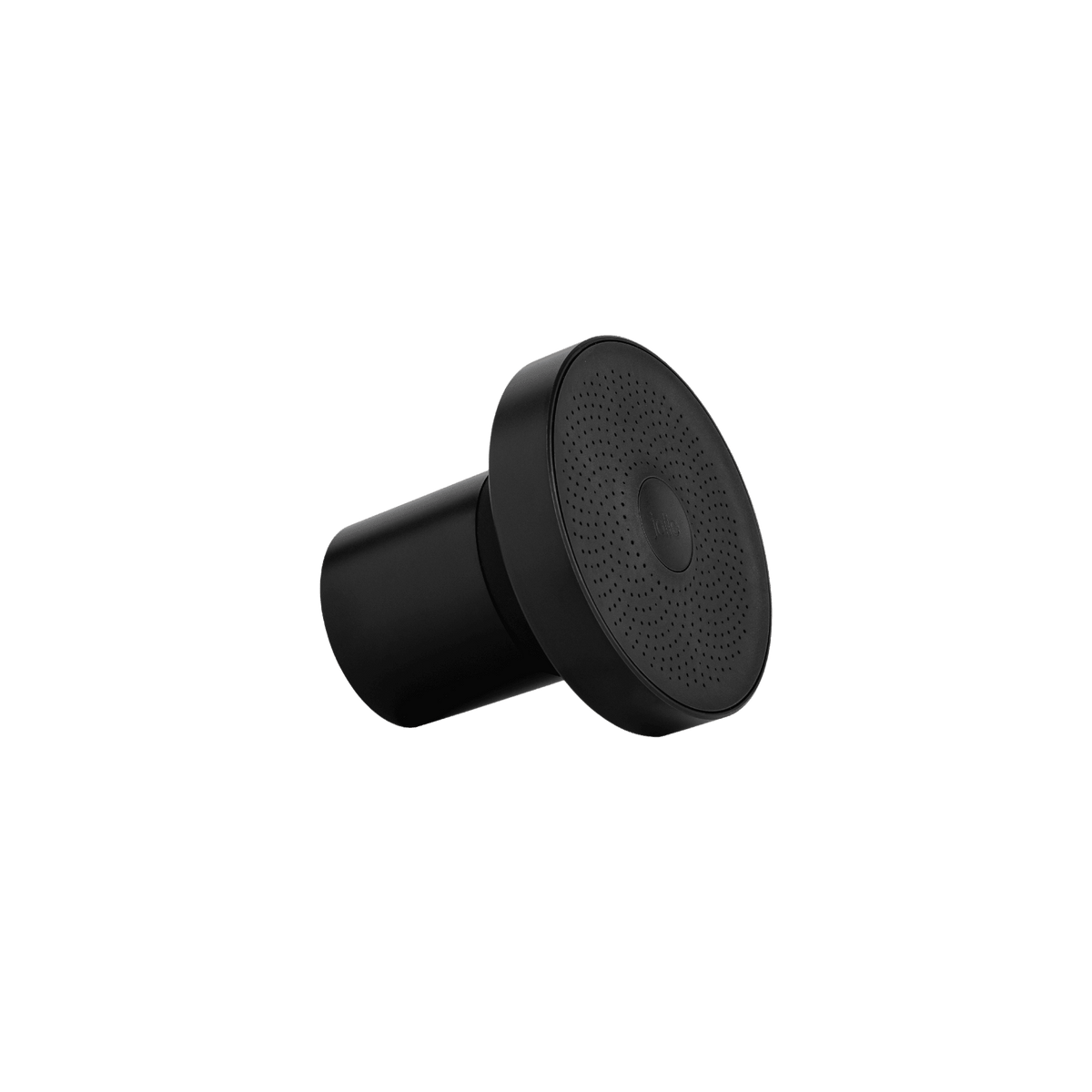 The Jolie Filtered Showerhead is a matte black circular showerhead with a perforated spray face, an essential beauty and wellness tool.