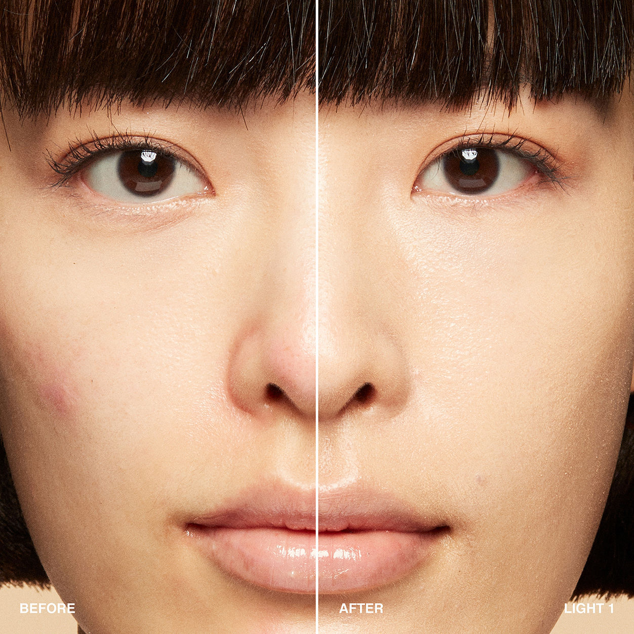 Before and after results of using Bobbi Brown Vitamin Enriched Hydrating Skin Tint SPF 15 with Hyaluronic Acid variant: Light 1