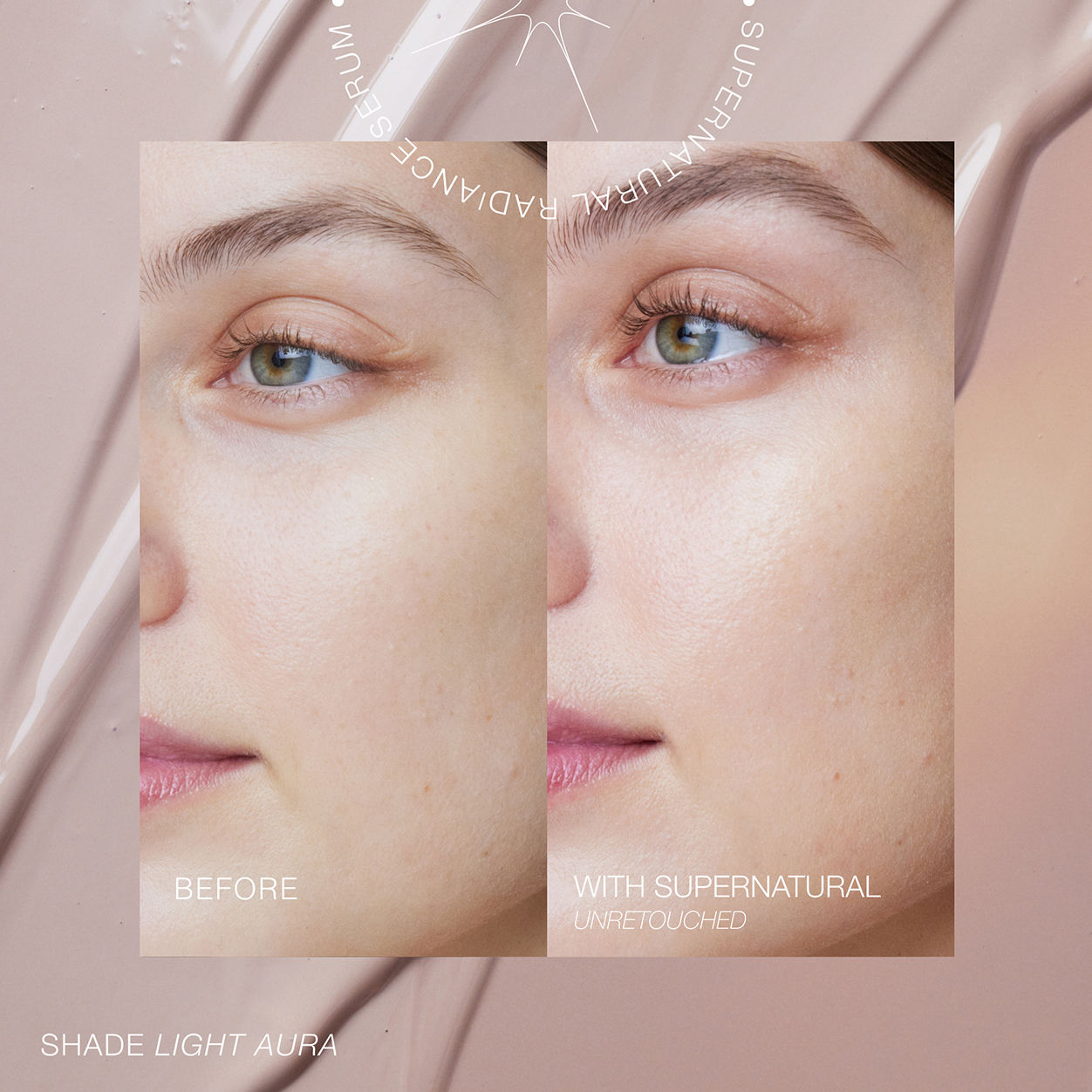 Before and after results of using RMS Beauty SuperNatural Radiance Serum Broad Spectrum SPF 30 variant: Light Aura