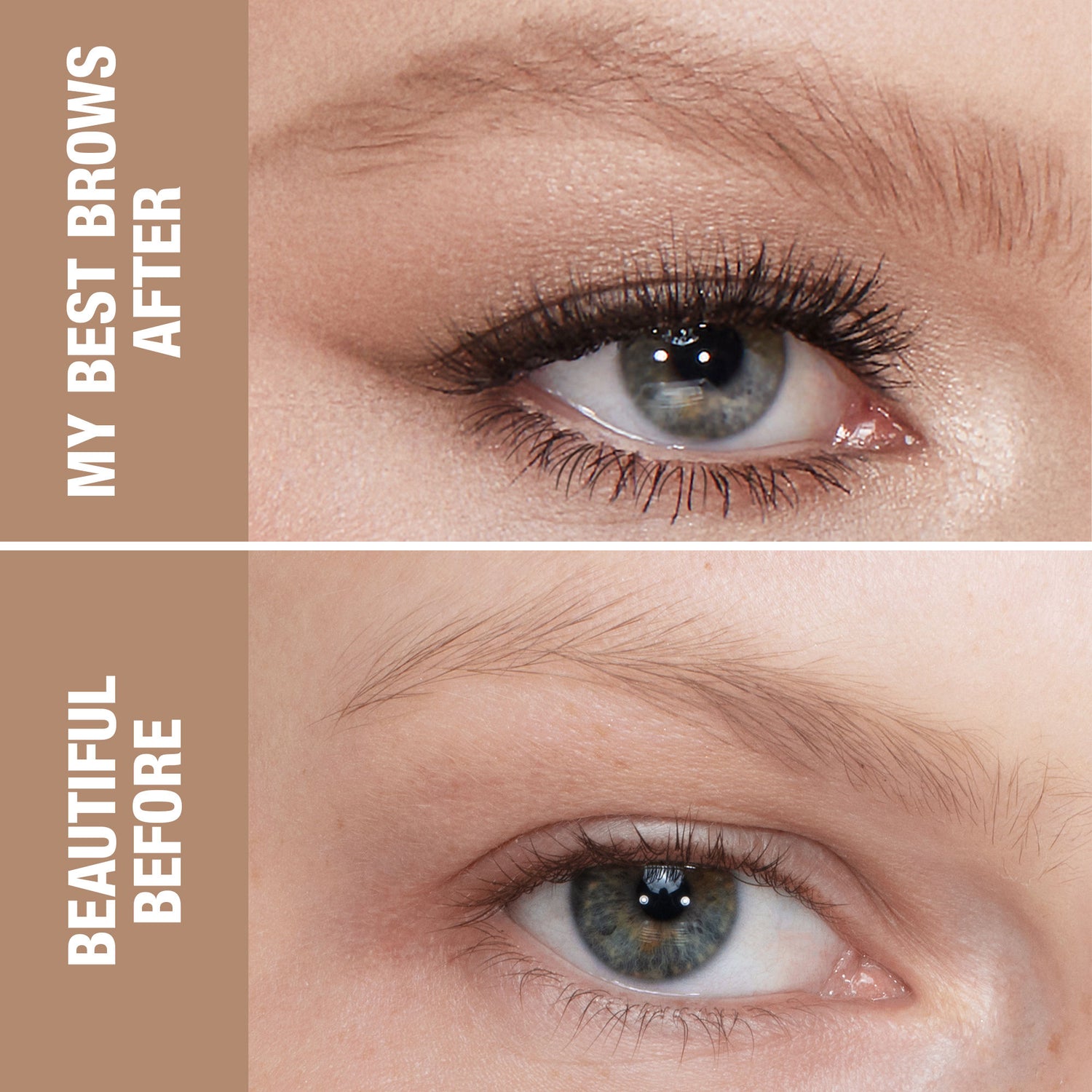 Before and after results of using Charlotte Tilbury Brow Cheat variant: Light Blonde