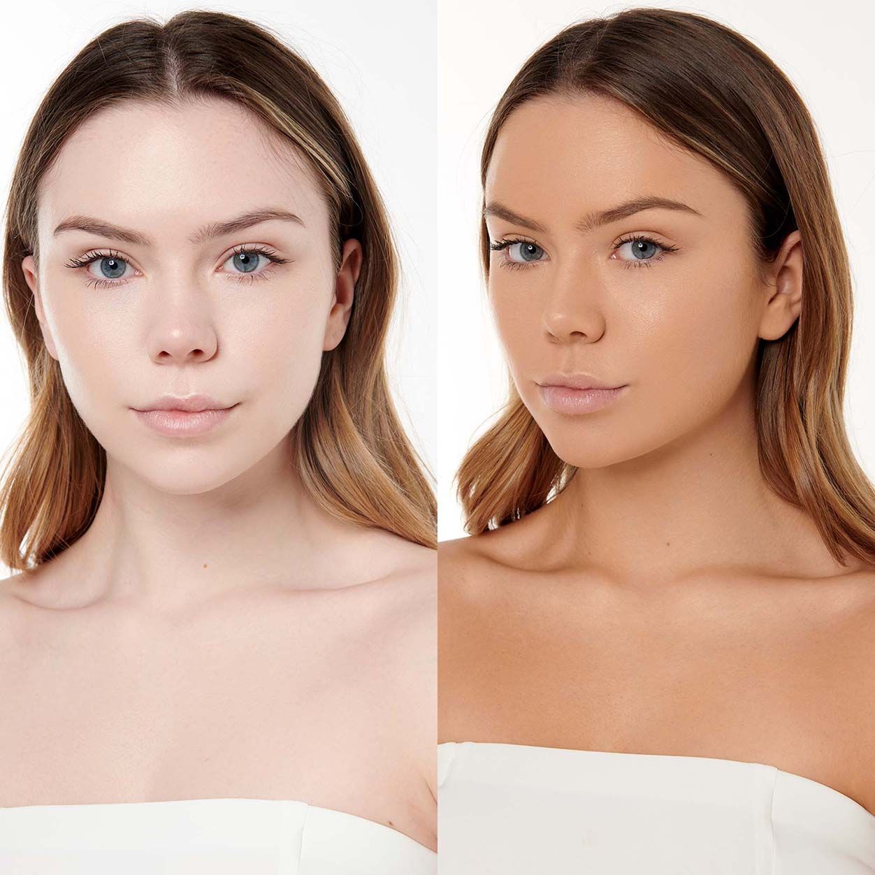 Before and after results of using Tan-Luxe The Face Illuminating Self Tan Drops variant: Light/Medium - 1 oz