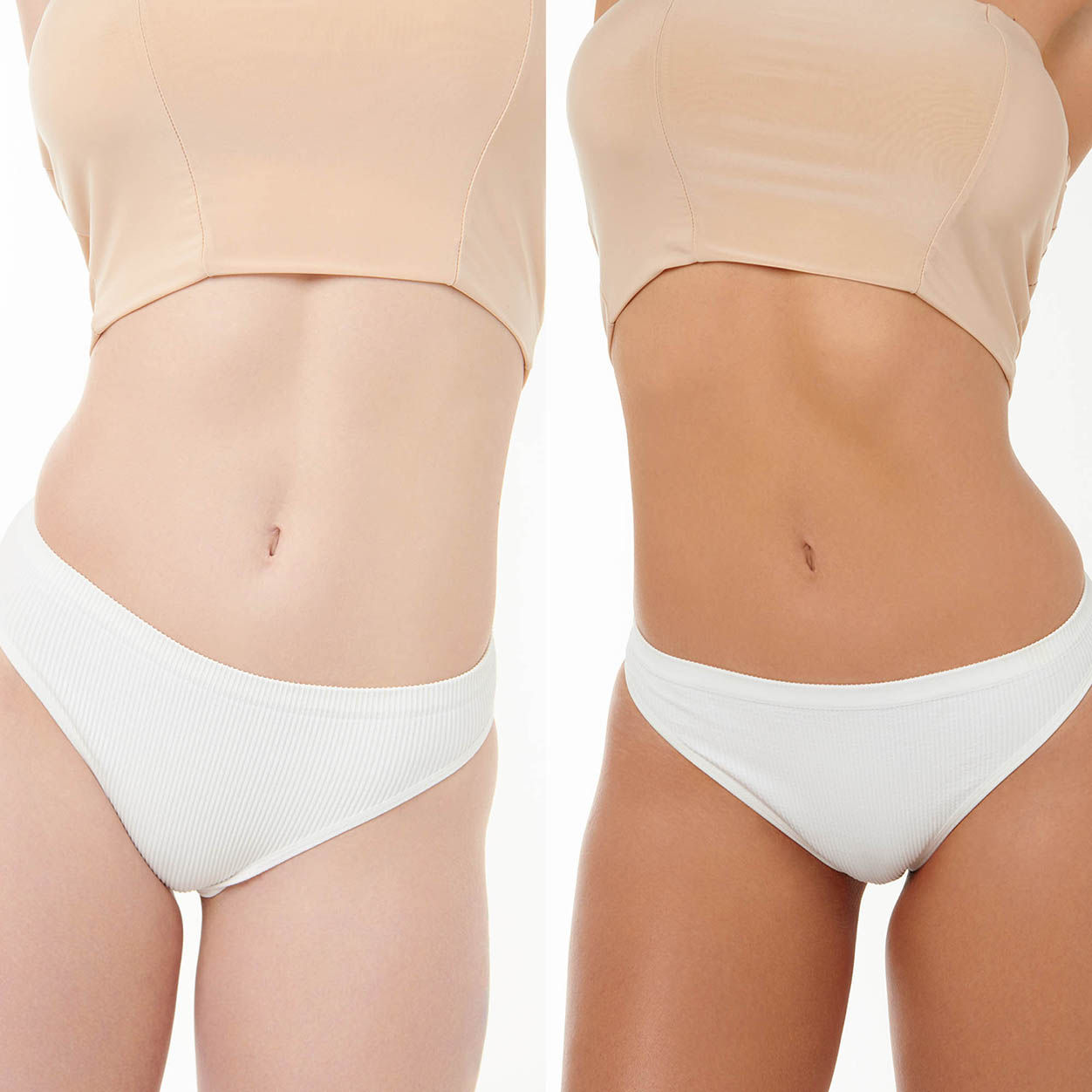 Before and after results of using Tan-Luxe Hydra-Mousse Hydrating Self Tan Mousse variant: Light/Medium