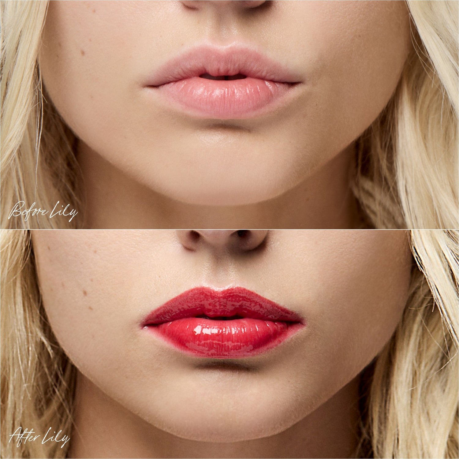 Before and after results of using RMS Beauty Legendary Lip Oil variant: Lily