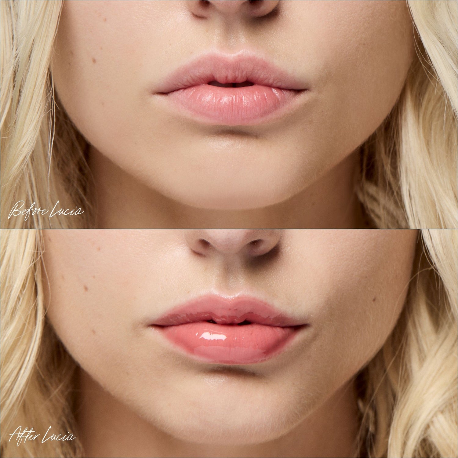 Before and after results of using RMS Beauty Legendary Lip Oil variant: Lucia