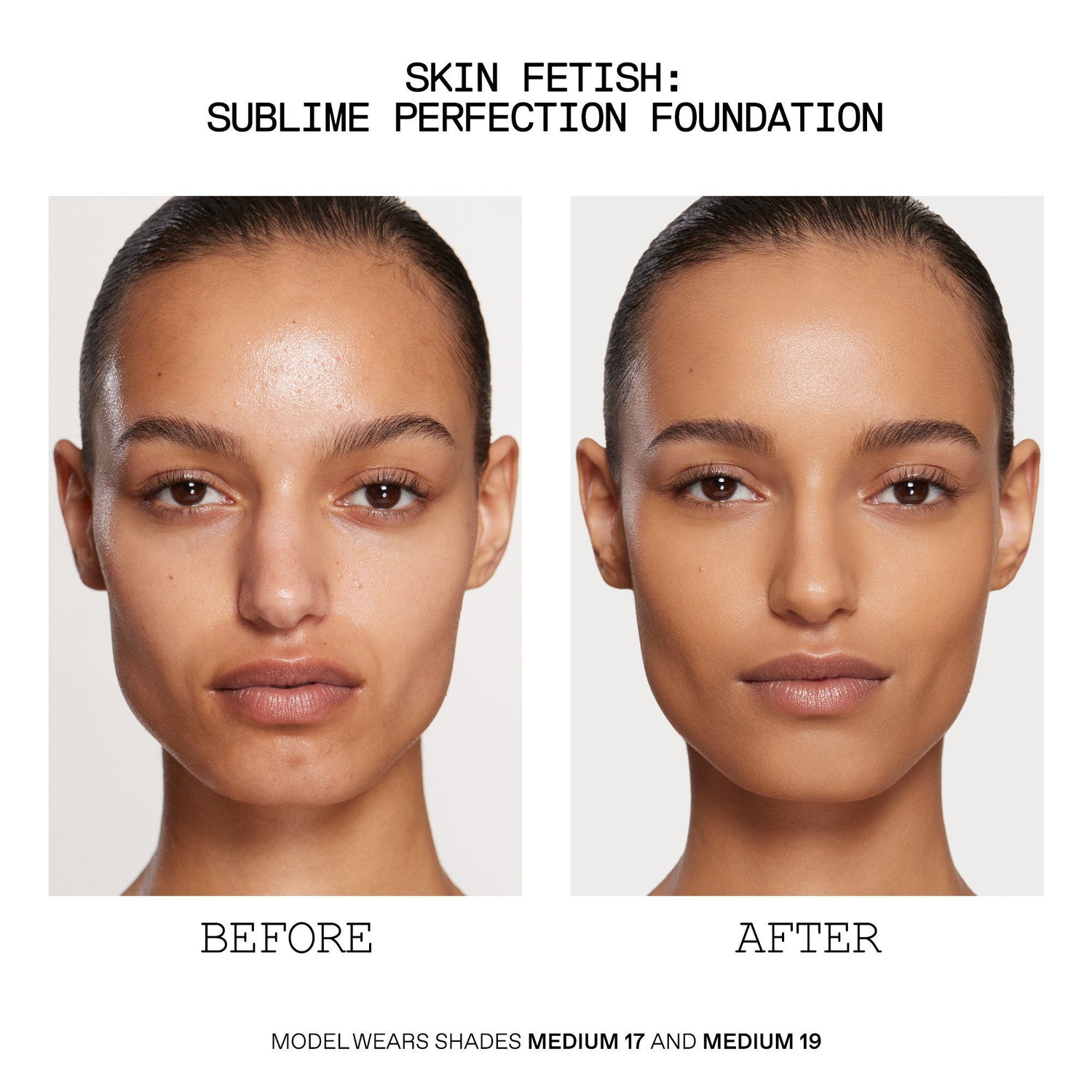 Before and after results of using Pat McGrath Labs Skin Fetish Sublime Perfection Foundation variant: M19