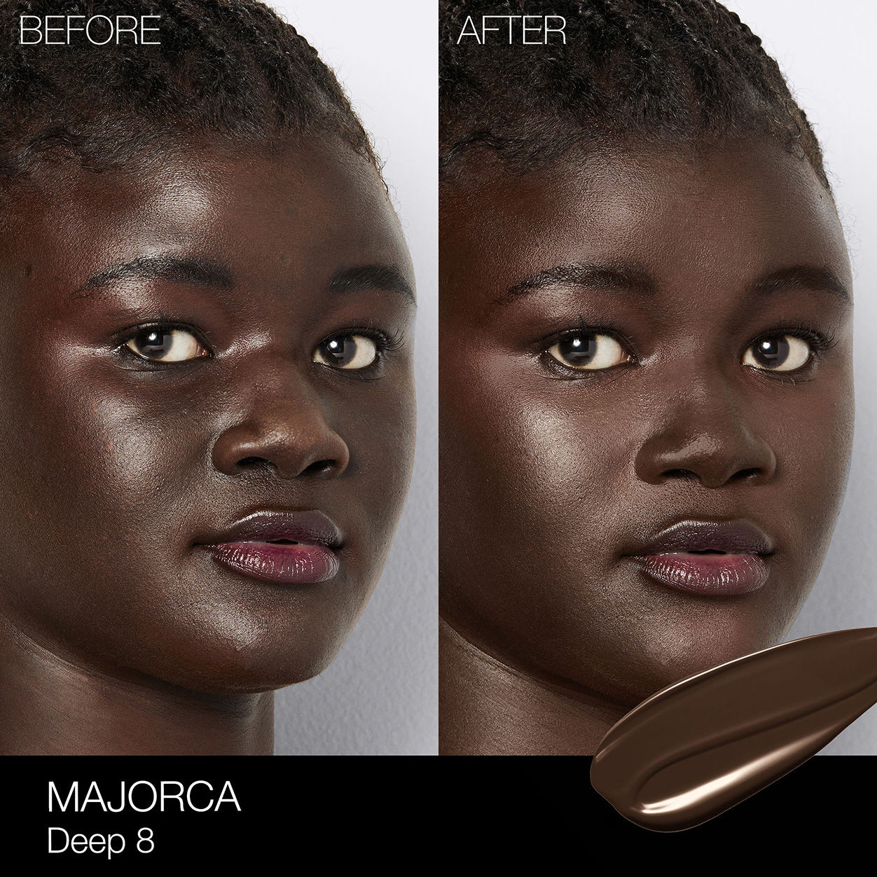 Before and after results of using Nars Light Reflecting Foundation variant: Majorca D8