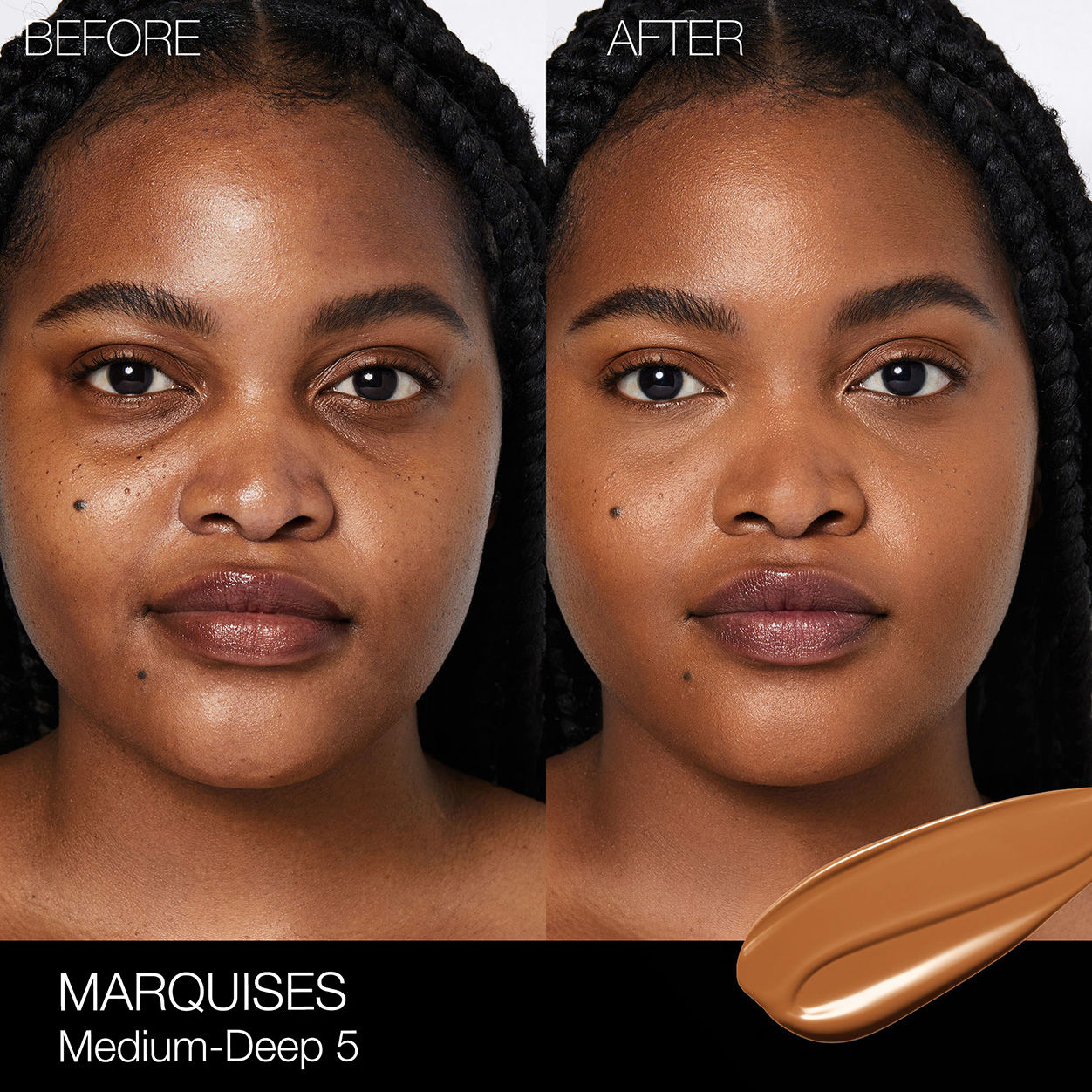Before and after results of using Nars Light Reflecting Foundation variant: Marquises MD5