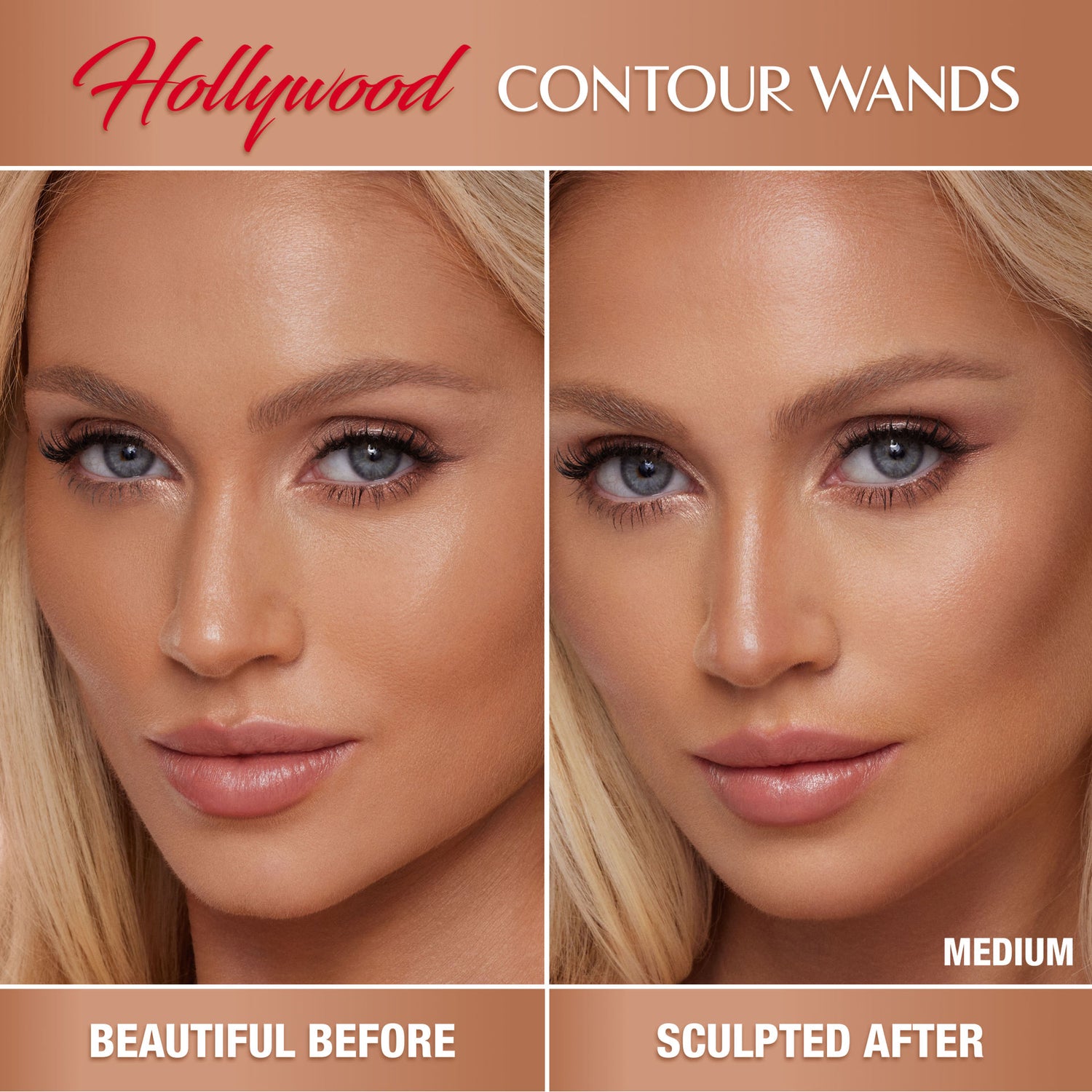 Before and after results of using Charlotte Tilbury Hollywood Contour Wand variant: Medium