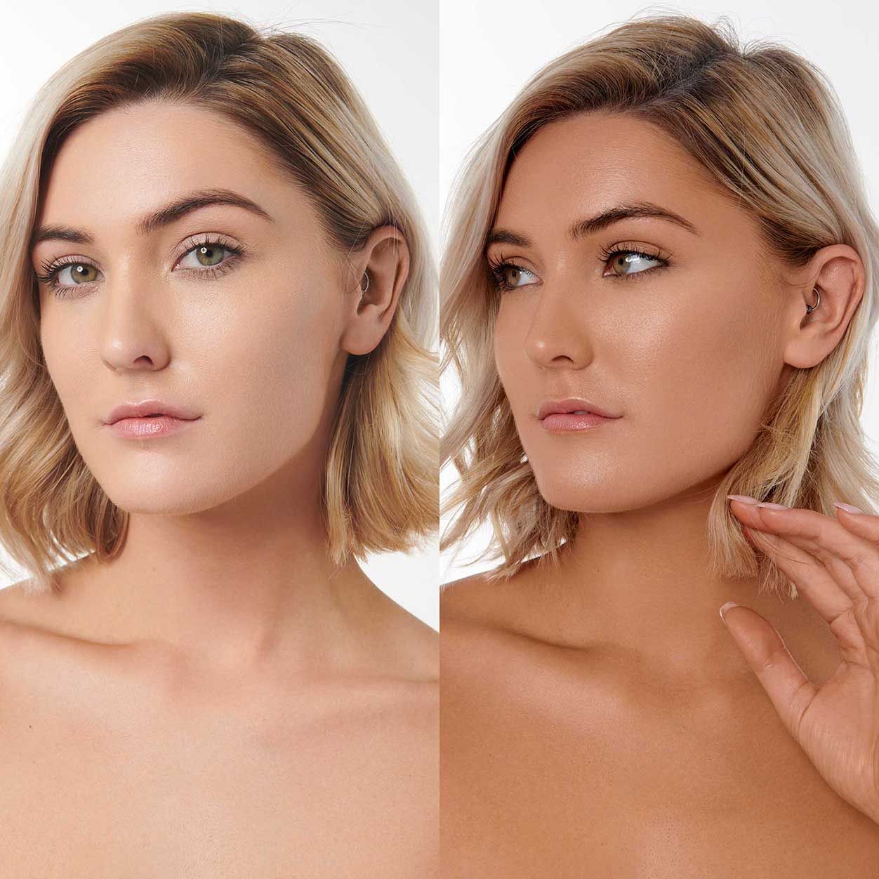 Before and after results of using Tan-Luxe The Face Illuminating Self Tan Drops variant: Medium/Dark - 1 oz