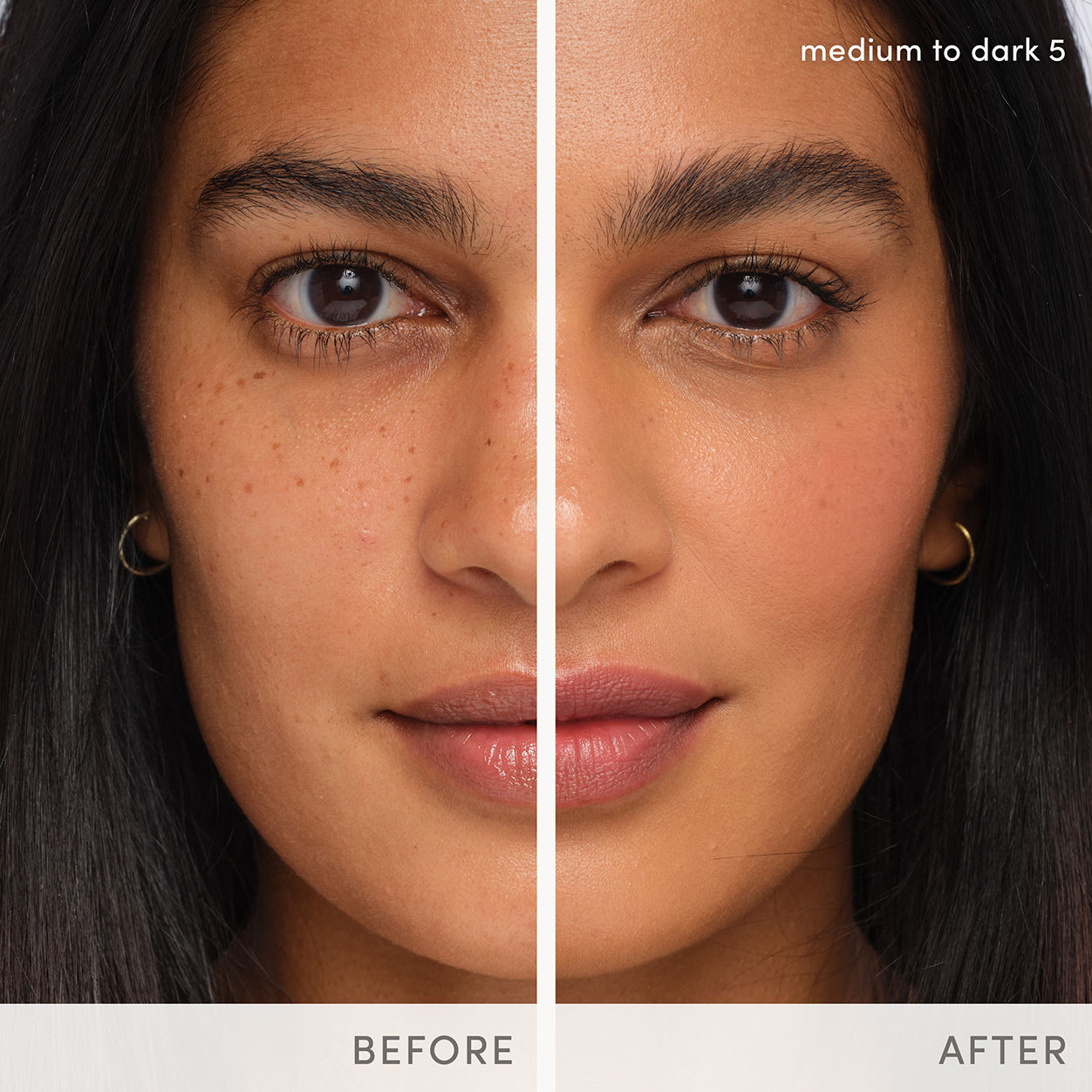 Before and after results of using Jane Iredale HydroPure Tinted Serum variant: Medium to Dark 5