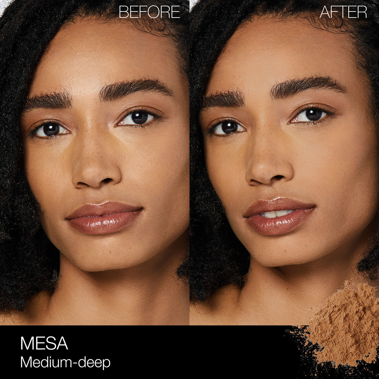 Before and after results of using Nars Light Reflecting Loose Setting Powder variant: Mesa