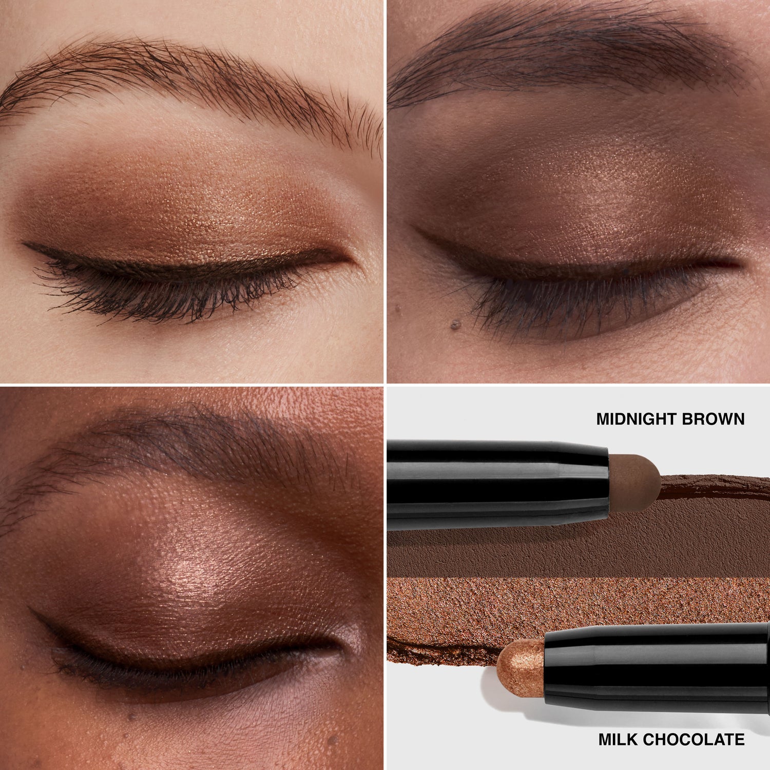 Model image of Bobbi Brown Dual-Ended Long-Wear Waterproof Cream Eyeshadow Stick variant: Milk Chocolate / Midnight Brown