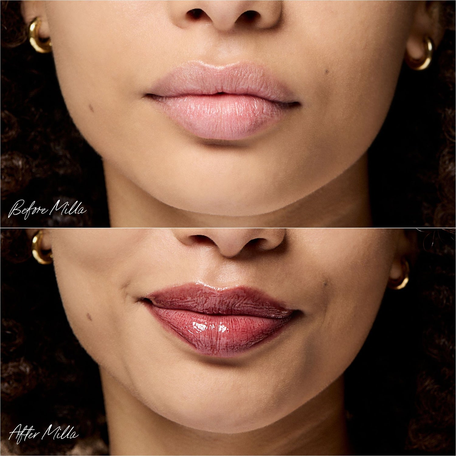 Before and after results of using RMS Beauty Legendary Lip Oil variant: Milla
