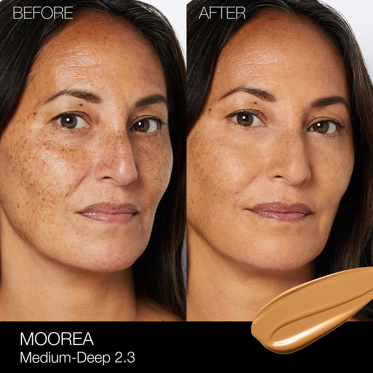Before and after results of using Nars Light Reflecting Foundation variant: Moorea MD2.3