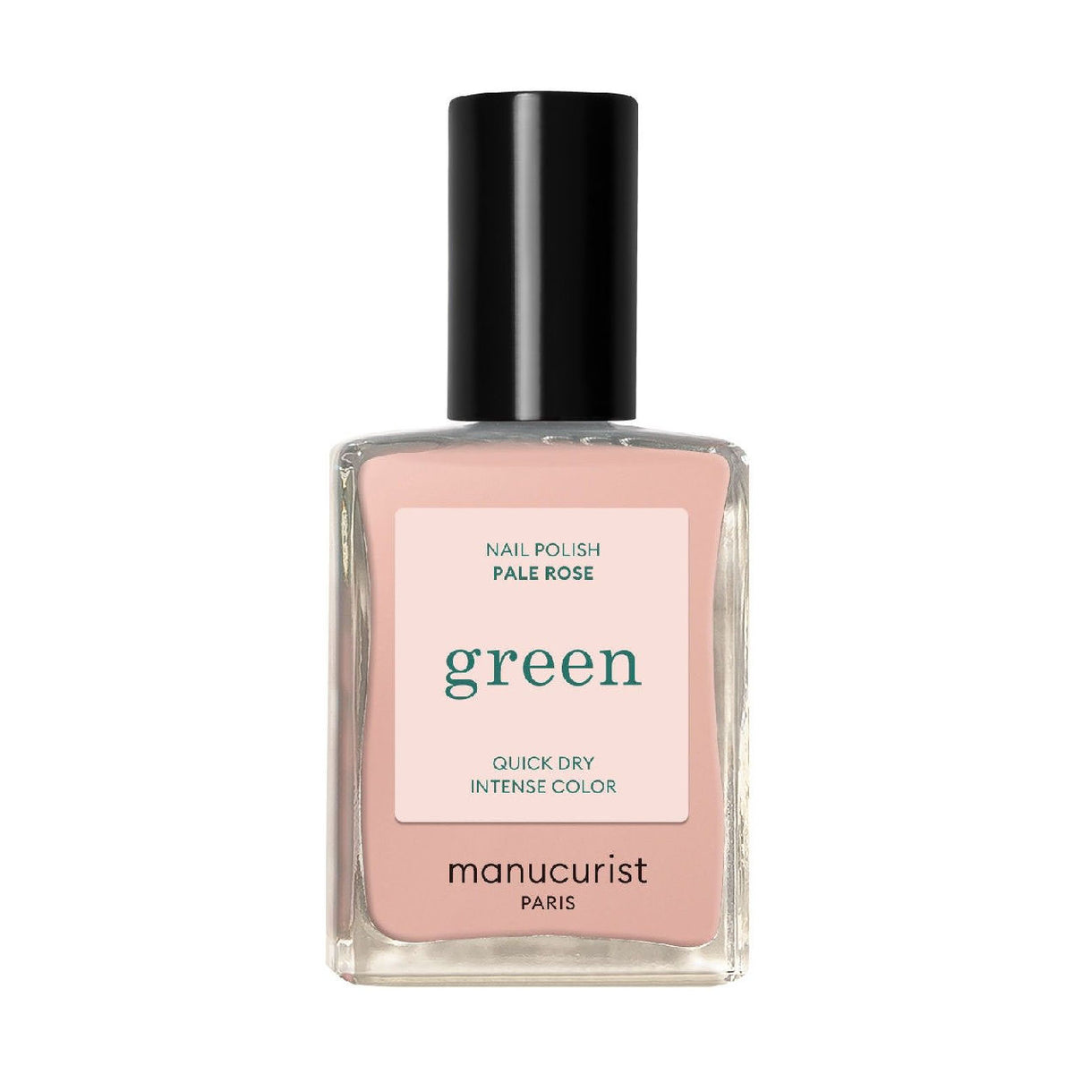 Bottle of pale rose Manucurist Poppy Red non-toxic nail polish with a black cap.