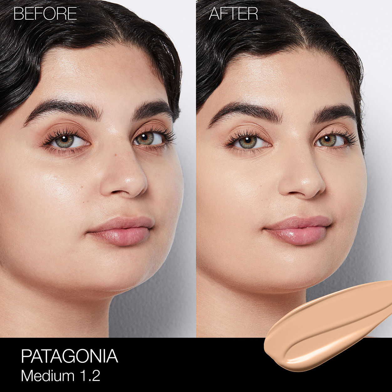 Before and after results of using Nars Light Reflecting Foundation variant: Patagonia M1.2