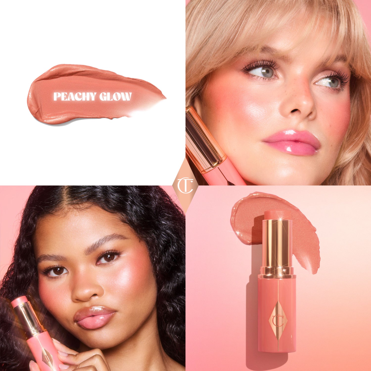 Model image of Charlotte Tilbury Unreal Lip + Cheek Glow Blush Stick with Hyaluronic Acid variant: Peachy Glow