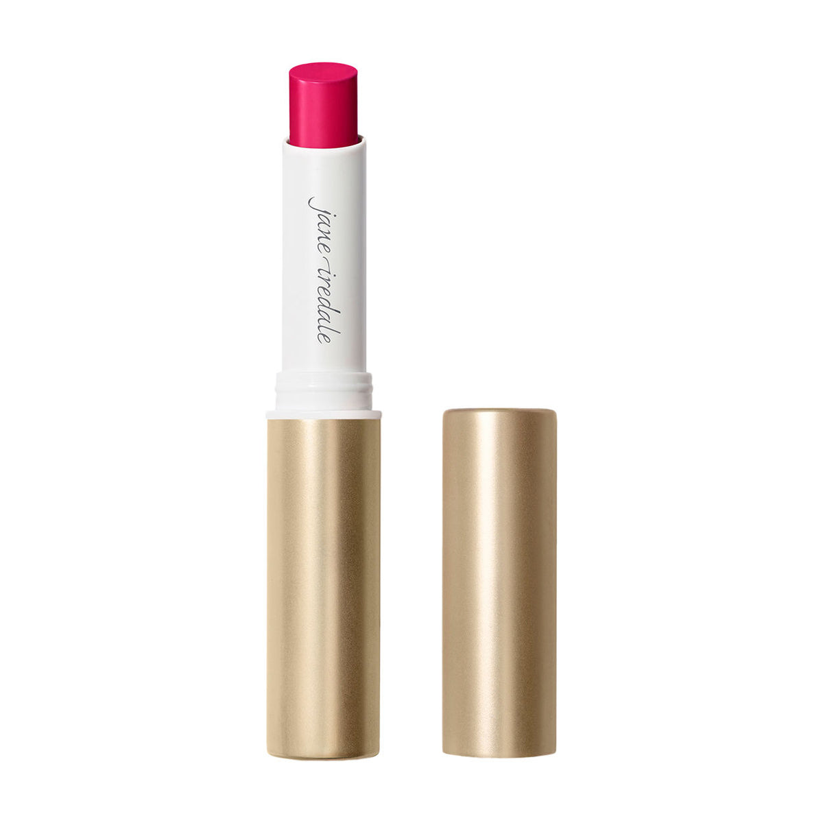 An open tube of Jane Iredale ColorLuxe Hydrating Cream Lipstick with a bold-colored, satin finish, shown next to its gold cap.