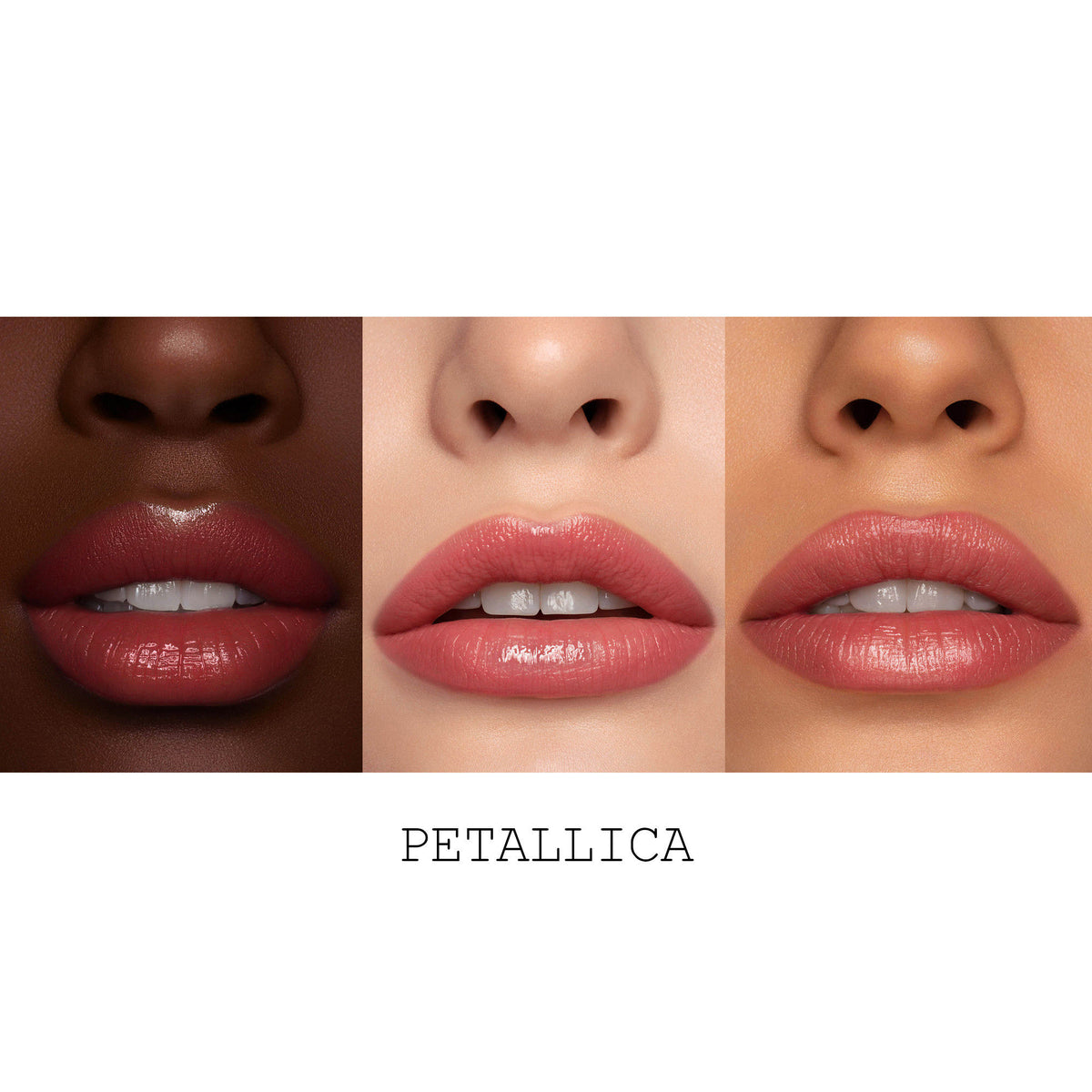 Three close-up shots of lips in weightless silky smooth pink-toned SatinAllure Lipstick across three skin tones, with the text PETALLICA below.