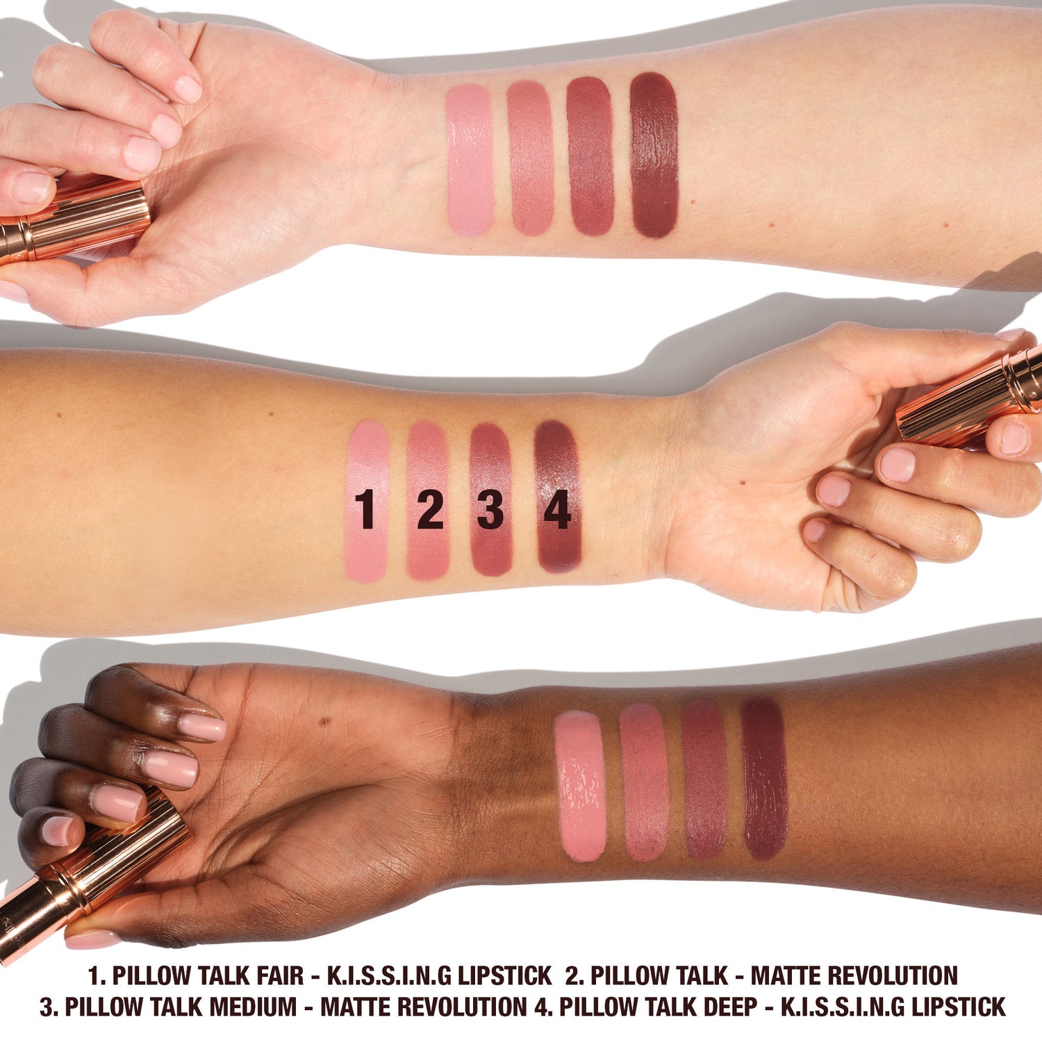 An arm swatch of Charlotte Tilbury K.I.S.S.I.N.G. Lipstick variant: Pillow Talk Fair