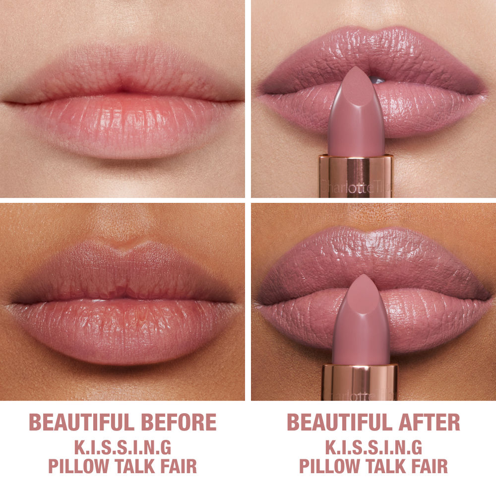 Before and after results of using Charlotte Tilbury K.I.S.S.I.N.G. Lipstick variant: Pillow Talk Fair
