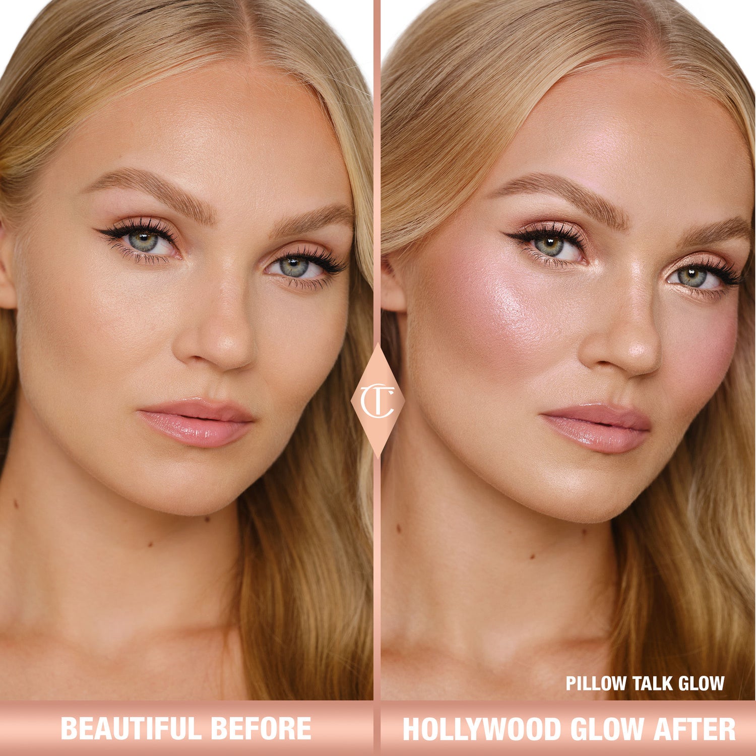 Before and after results of using Charlotte Tilbury Pillow Talk Glow variant: Pillow Talk Glow