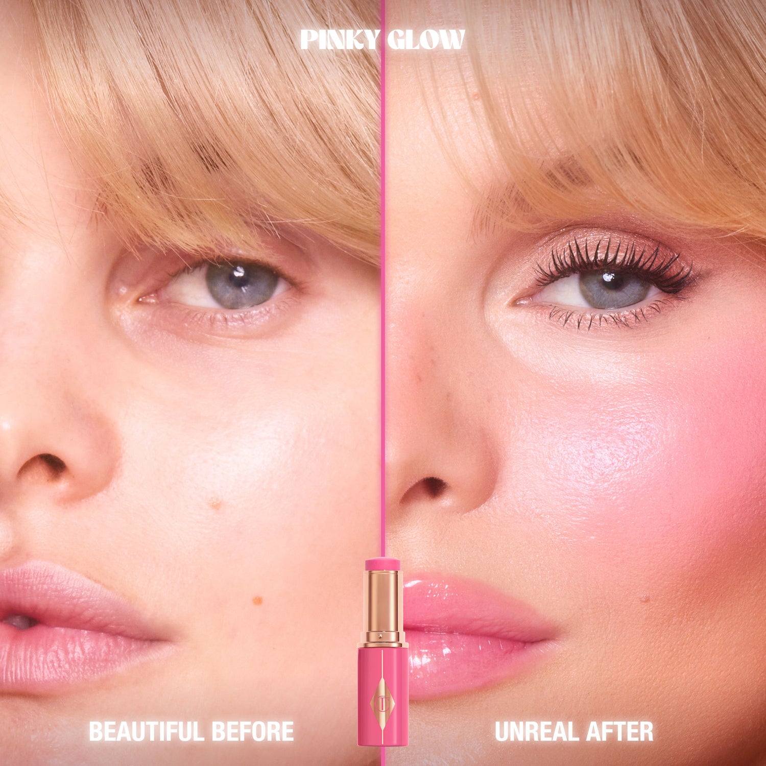 Before and after results of using Charlotte Tilbury Unreal Lip + Cheek Glow Blush Stick with Hyaluronic Acid variant: Pinky Glow