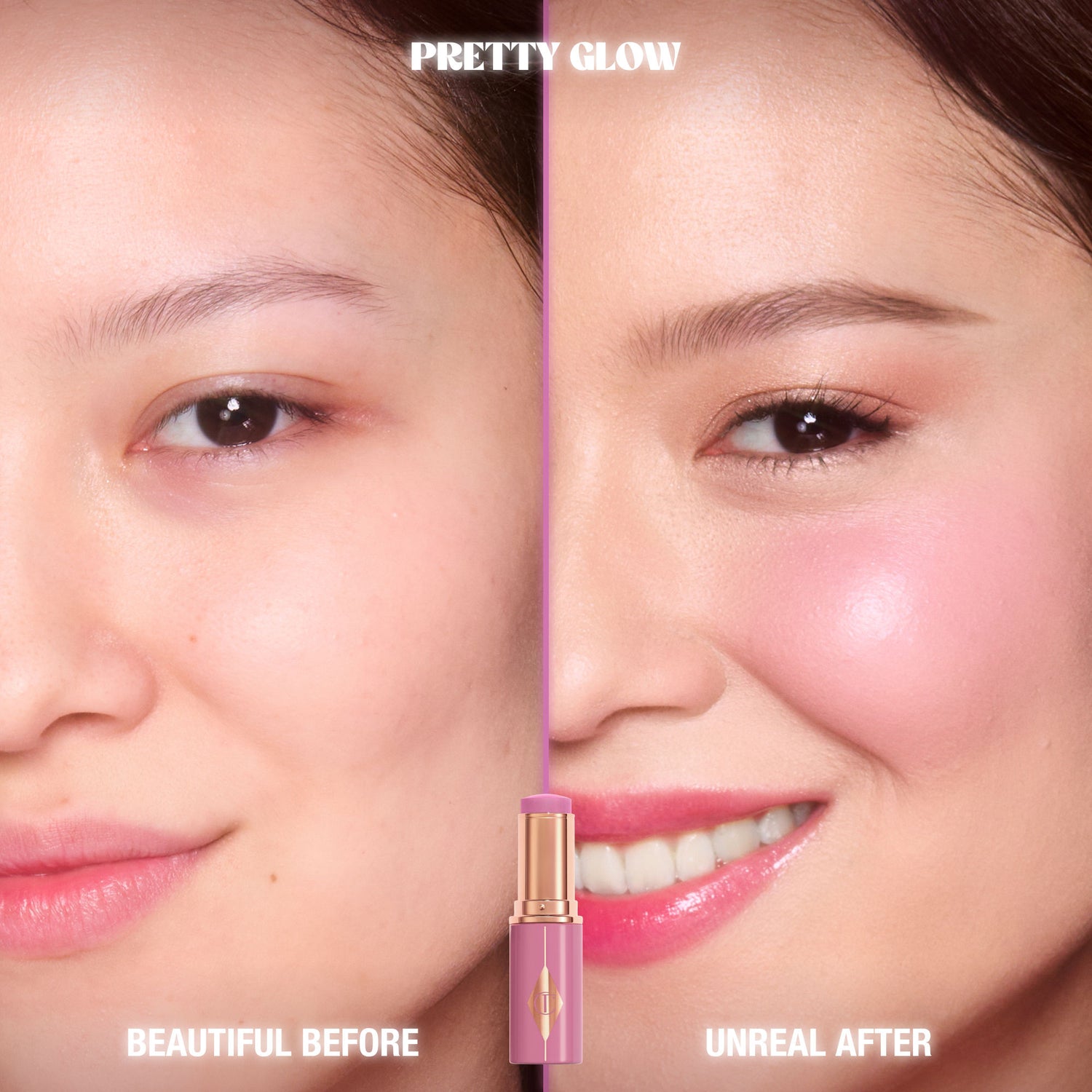 Before and after results of using Charlotte Tilbury Unreal Lip + Cheek Glow Blush Stick with Hyaluronic Acid variant: Pretty Glow
