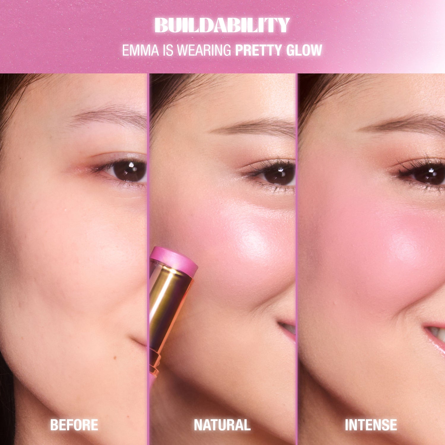 Before and after results of using Charlotte Tilbury Unreal Lip + Cheek Glow Blush Stick with Hyaluronic Acid variant: Pretty Glow