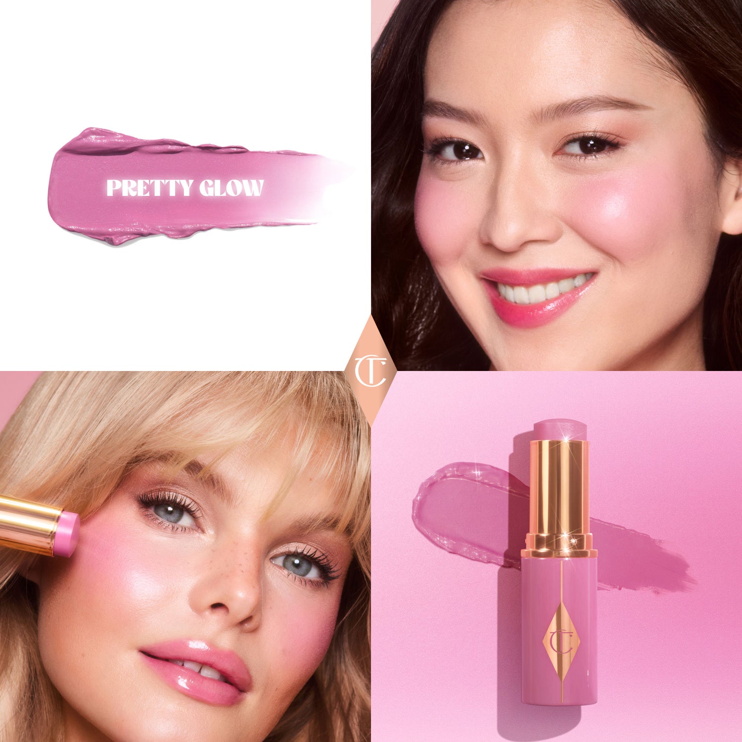 Model image of Charlotte Tilbury Unreal Lip + Cheek Glow Blush Stick with Hyaluronic Acid variant: Pretty Glow