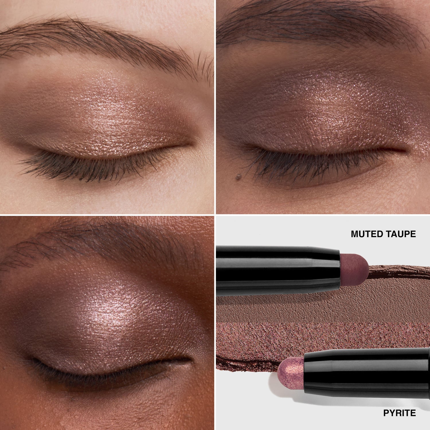 Model image of Bobbi Brown Dual-Ended Long-Wear Waterproof Cream Eyeshadow Stick variant: Pyrite / Muted Taupe