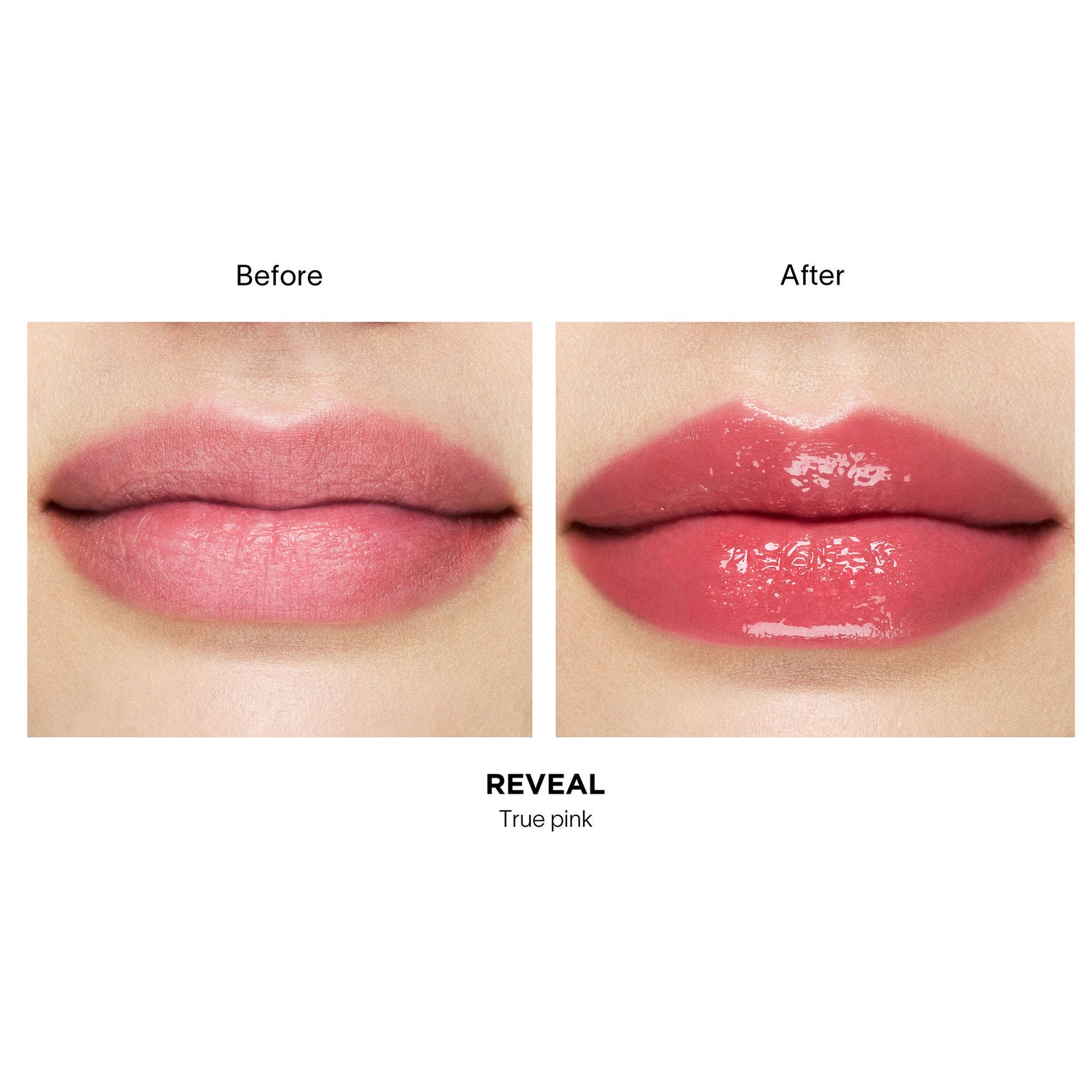 Before and after results of using Hourglass Phantom Volumizing Glossy Balm variant: Reveal 90