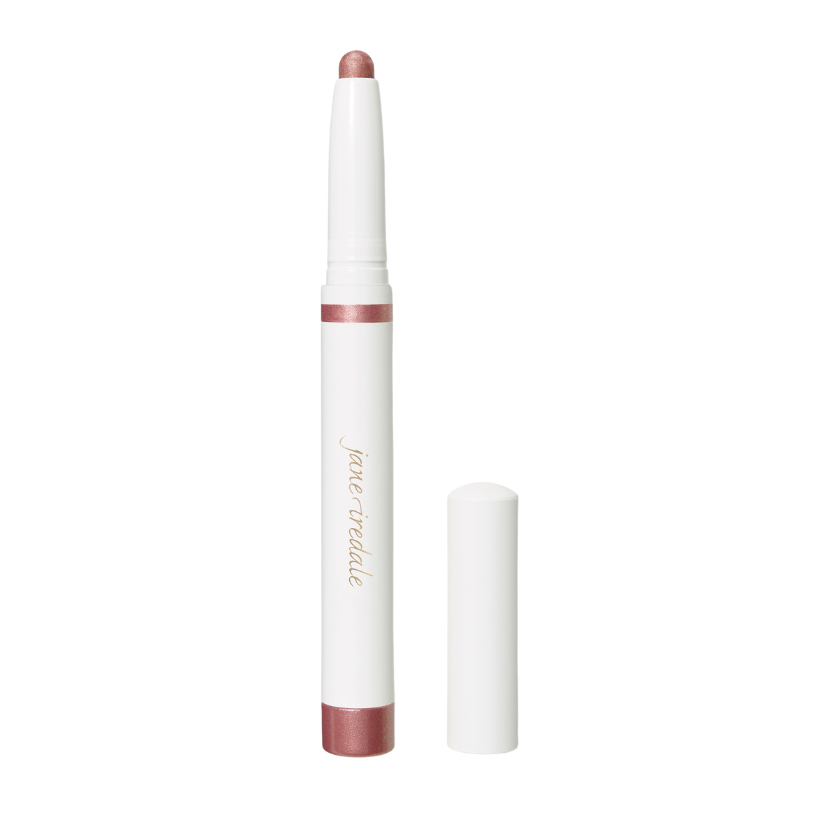A metallic mauve Jane Iredale ColorLuxe Eye Shadow Stick, shown with its white cap removed.