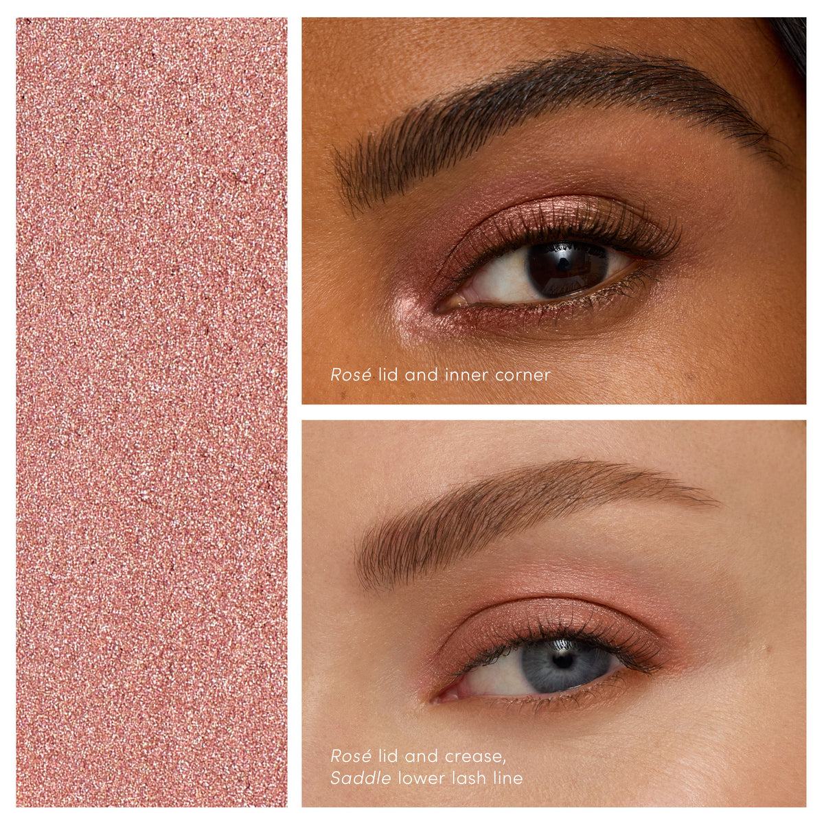 A shimmering rose gold Jane Iredale ColorLuxe Eye Shadow Stick swatch next to two close-up photos of eyes demonstrating versatile eye makeup applications.